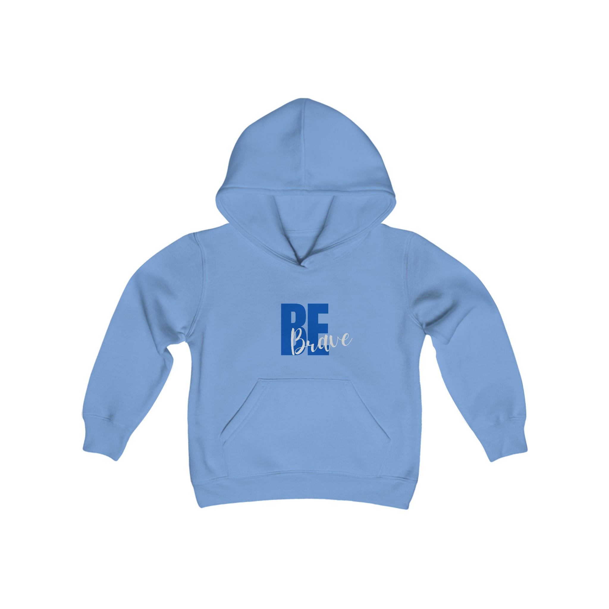 Youth unisex carolina blue hoodie with "Be Brave" motivational image on front.
