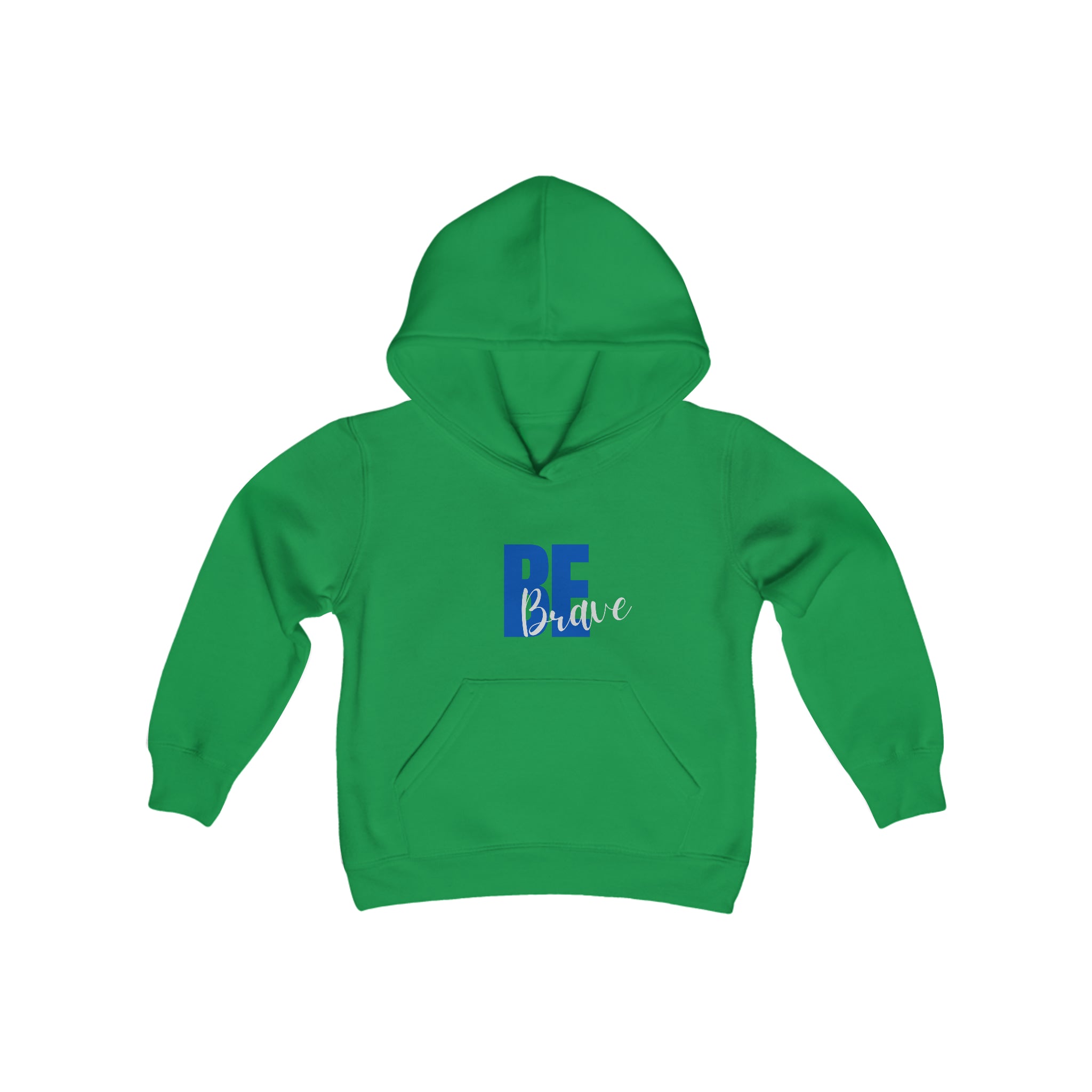 Youth unisex irish green hoodie with "Be Brave" motivational image on front.