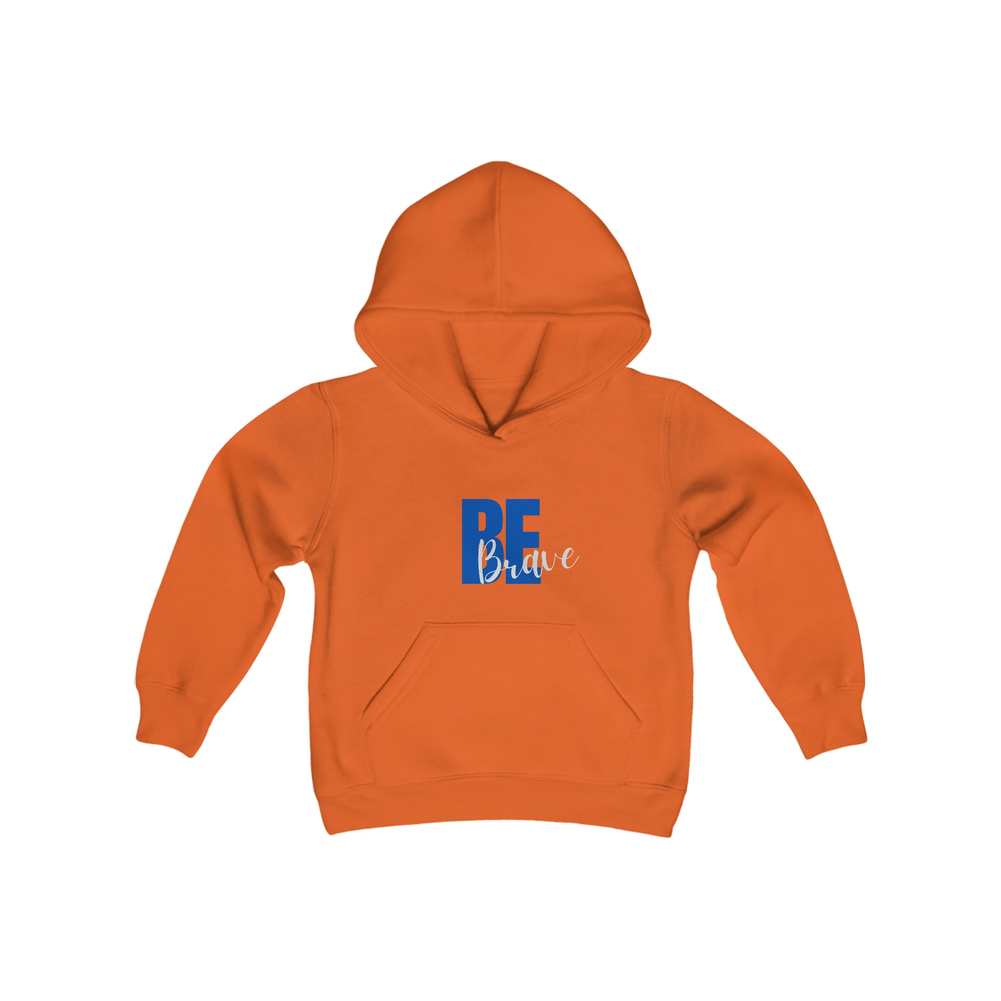 Youth unisex orange hoodie with "Be Brave" motivational image on front.