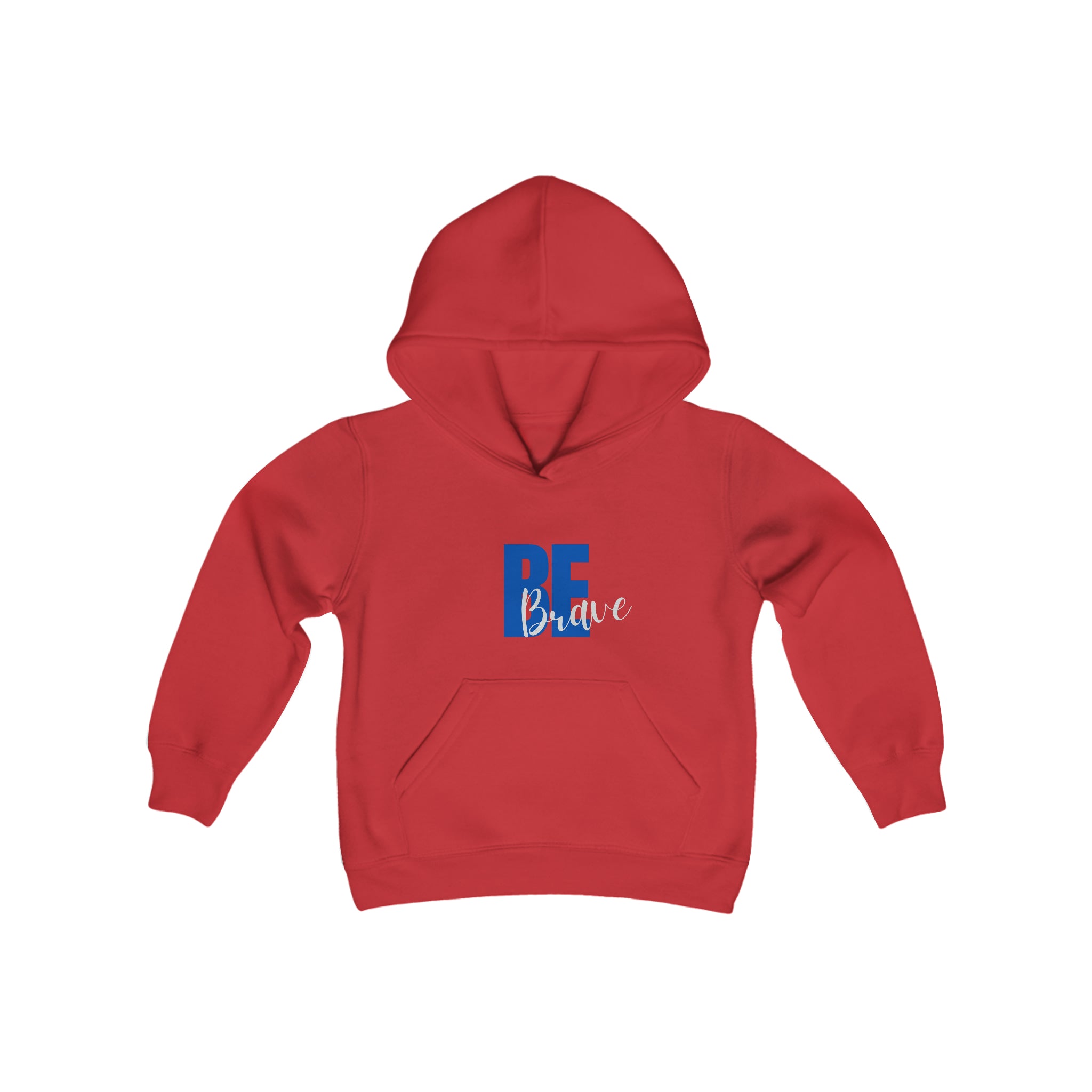 Youth unisex red hoodie with "Be Brave" motivational image on front.