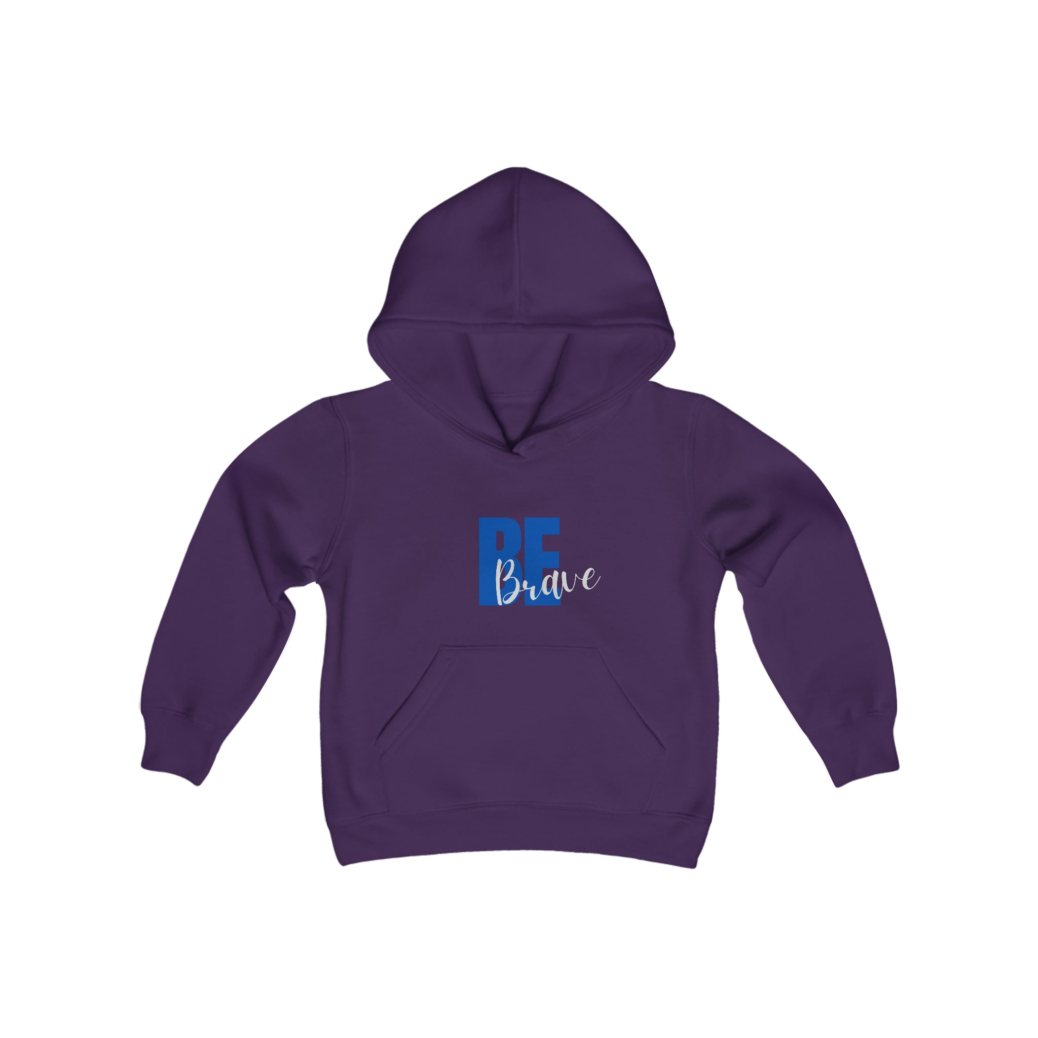 Youth unisex purple hoodie with "Be Brave" motivational image on front.