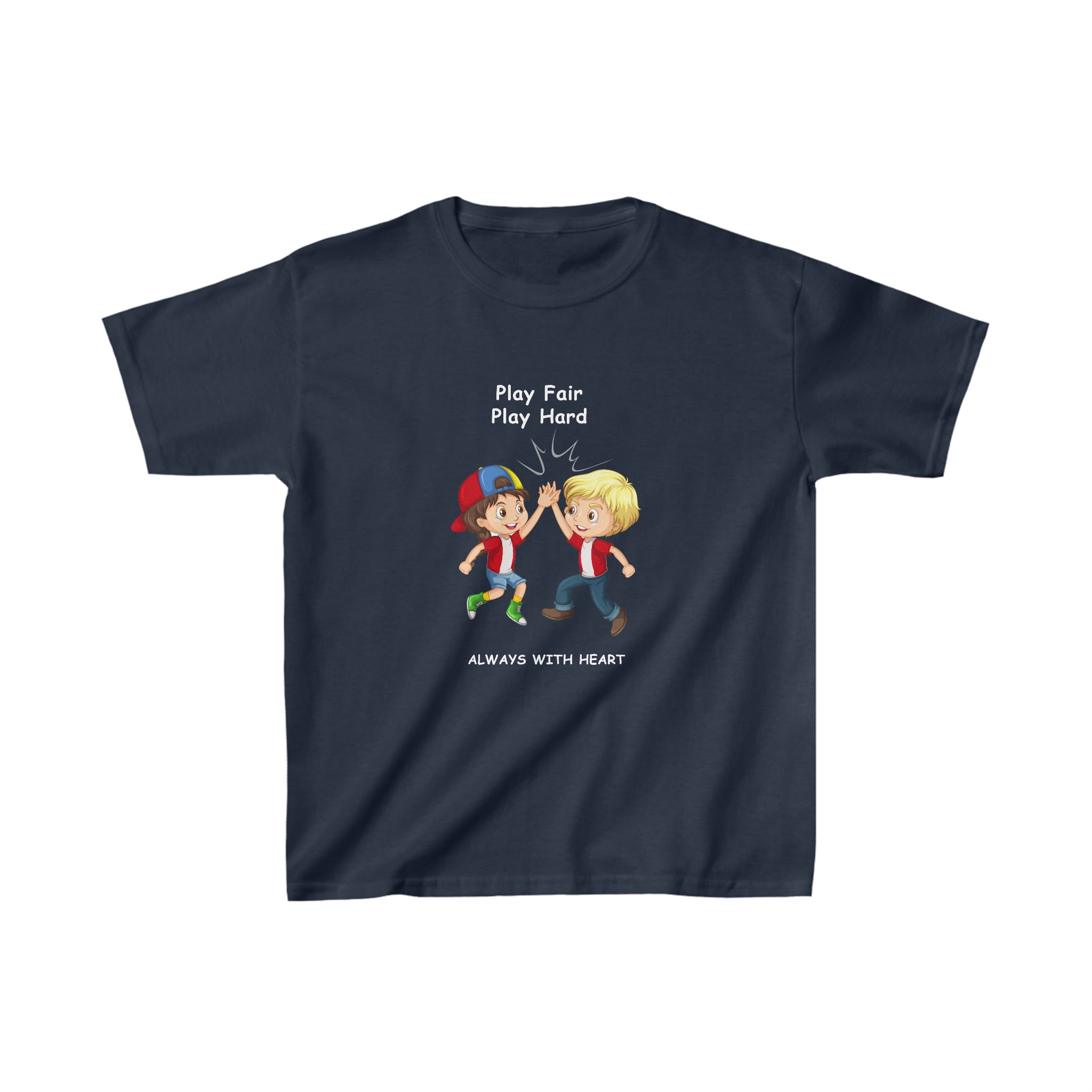 Youth unisex navy  T-shirt with " Play Fair Play Hard Always with Heart" inspired graphic
