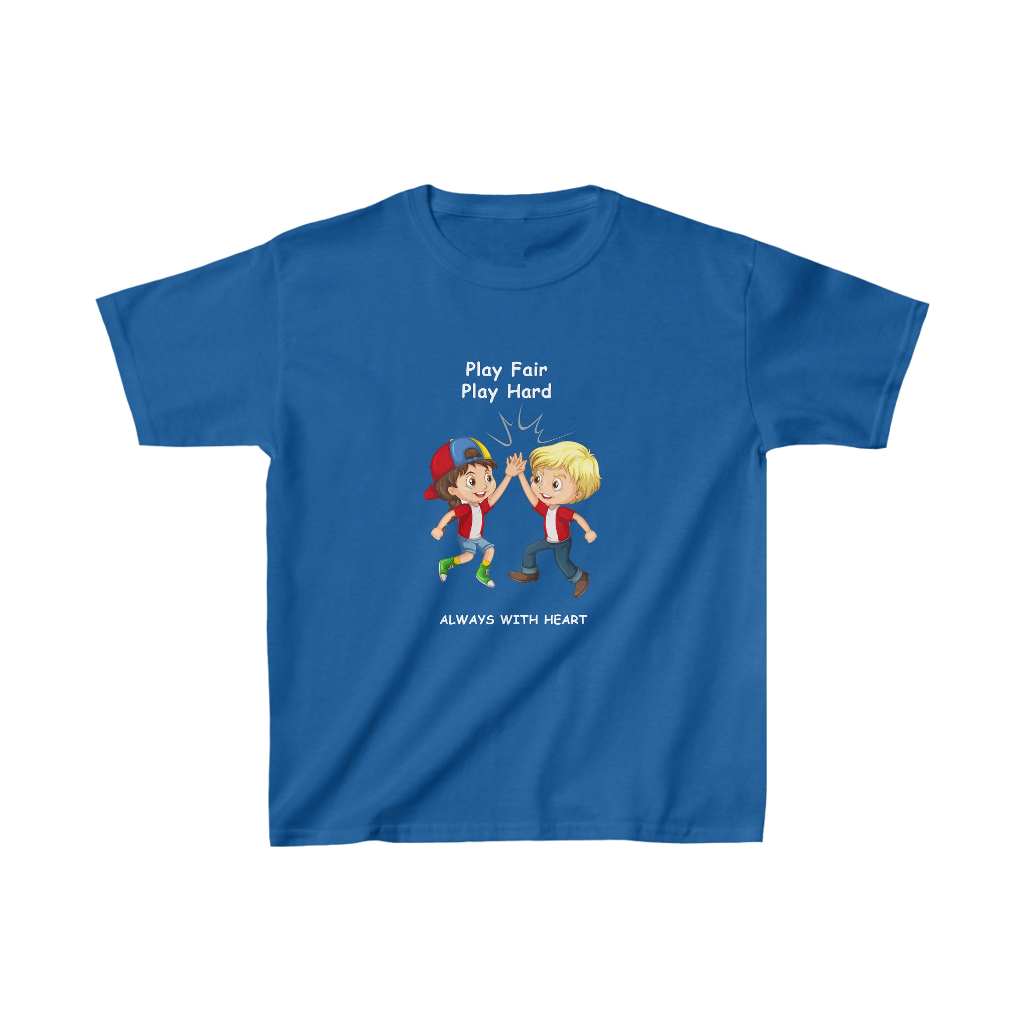 Youth unisex royal  T-shirt with " Play Fair Play Hard Always with Heart" inspired graphic