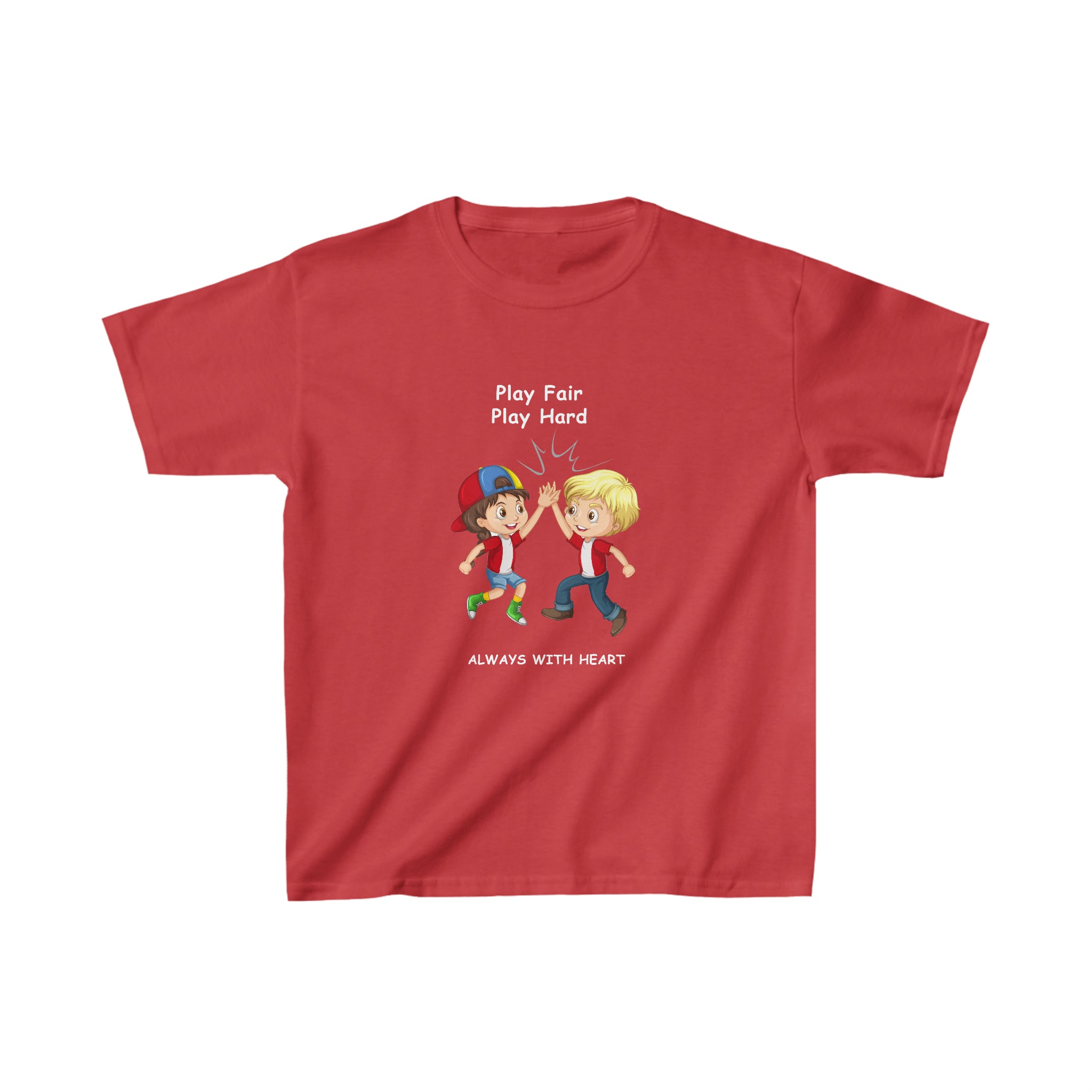 Youth unisex red T-shirt with " Play Fair Play Hard Always with Heart" inspired graphic