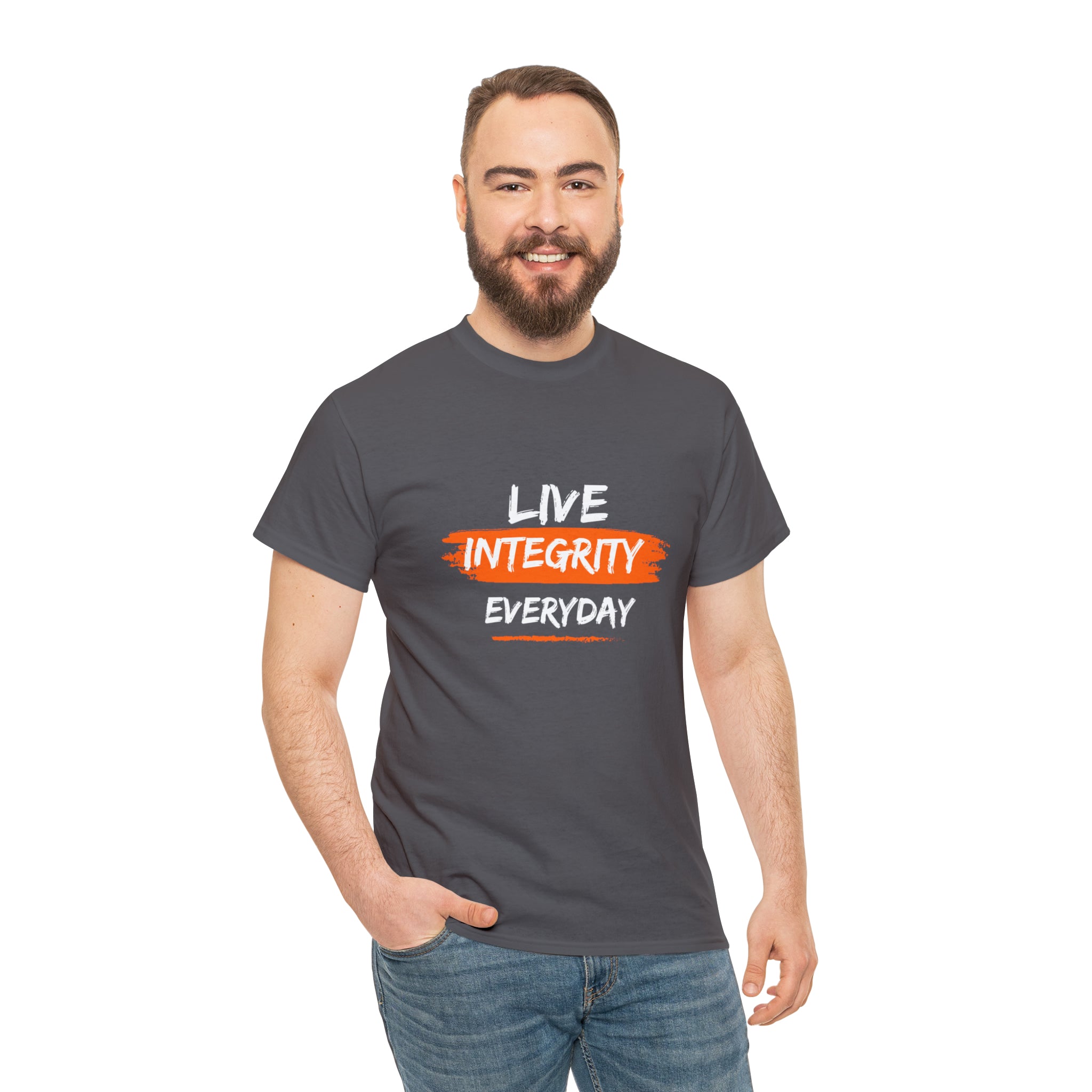 Adult male wearing charcoal T-Shirt " Live Integrity Everyday" inspired images