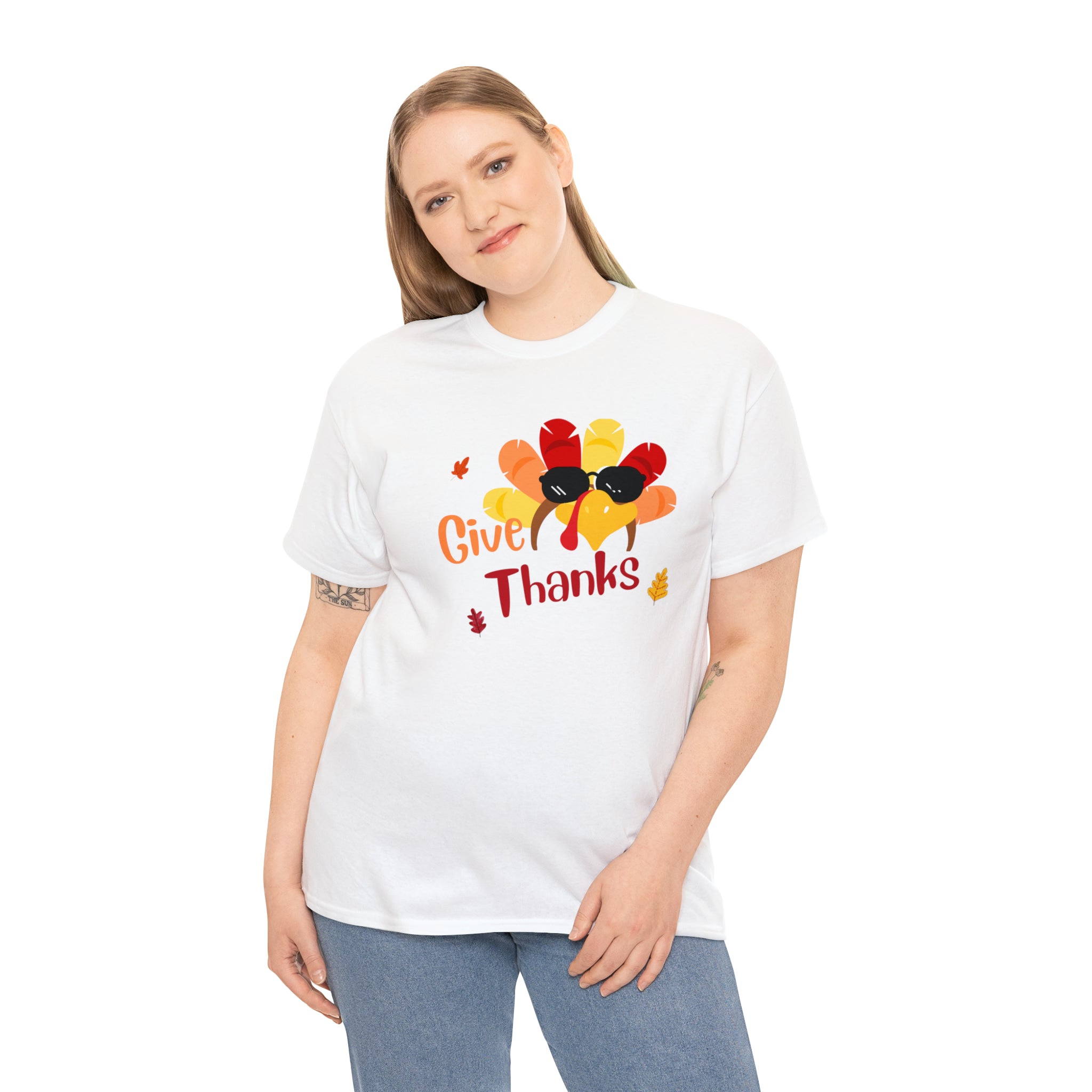 Adult women white T-Shirt " Give Thanks" with Turkey head on front.