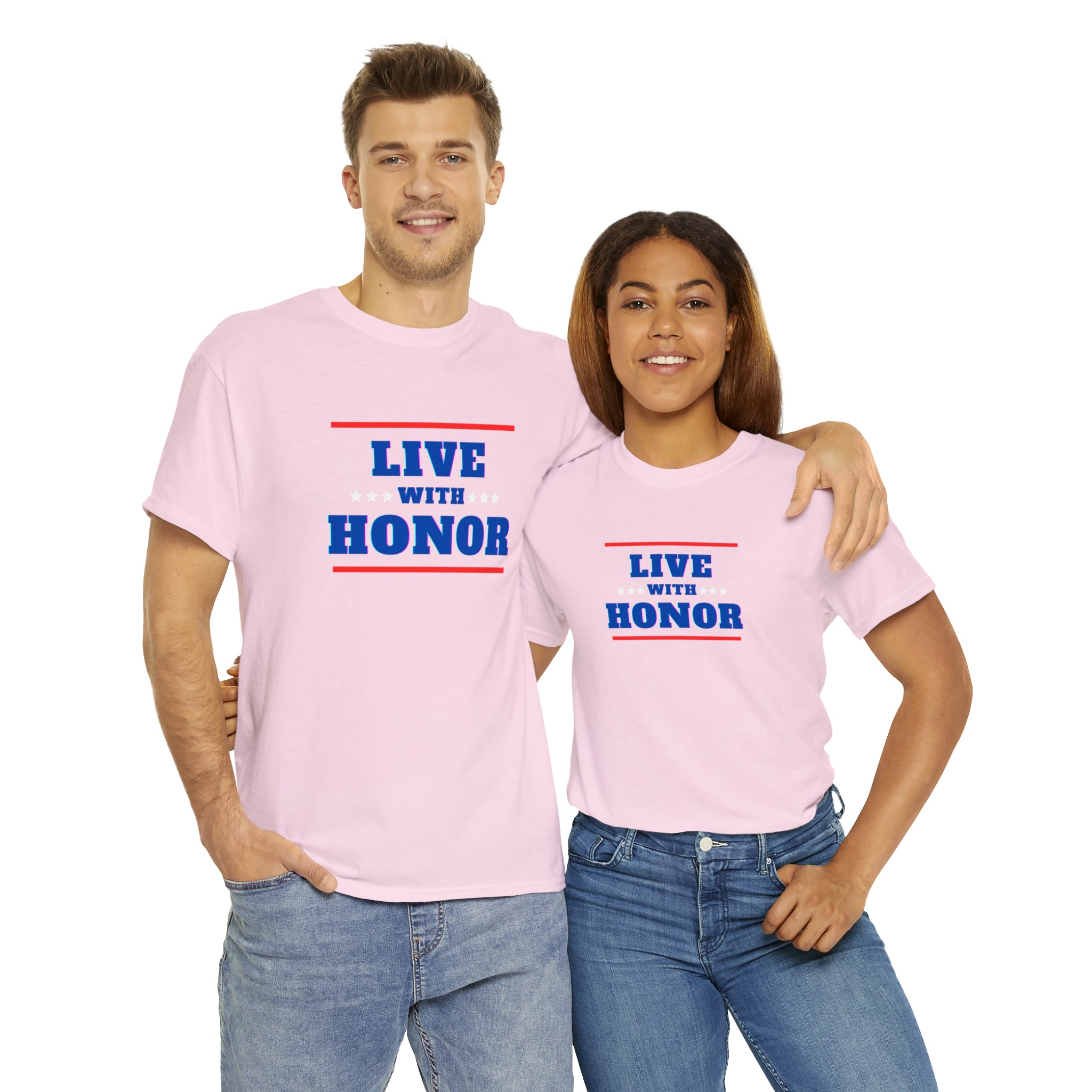 Adult male & female wearing light pink T-Shirt " Live With Honor" inspired images