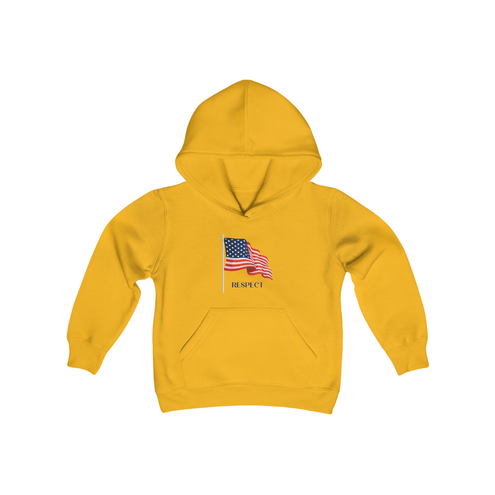 Youth unisex gold hoodie with "Respect" inspired American Flag on front.
