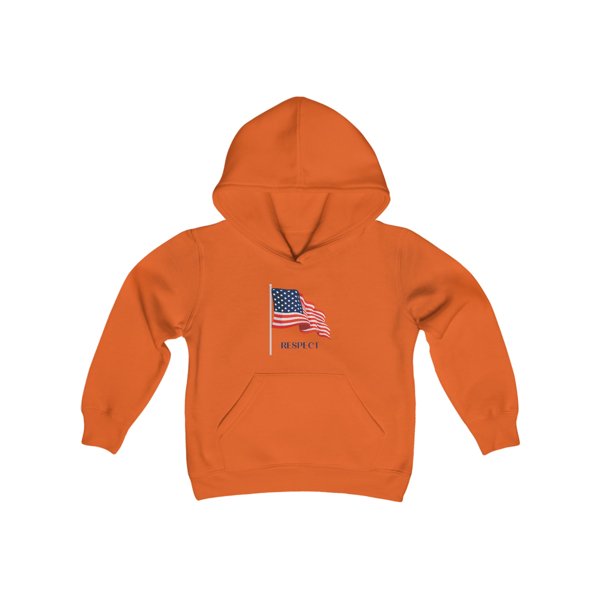 Youth unisex orange hoodie with "Respect" inspired American Flag on front.