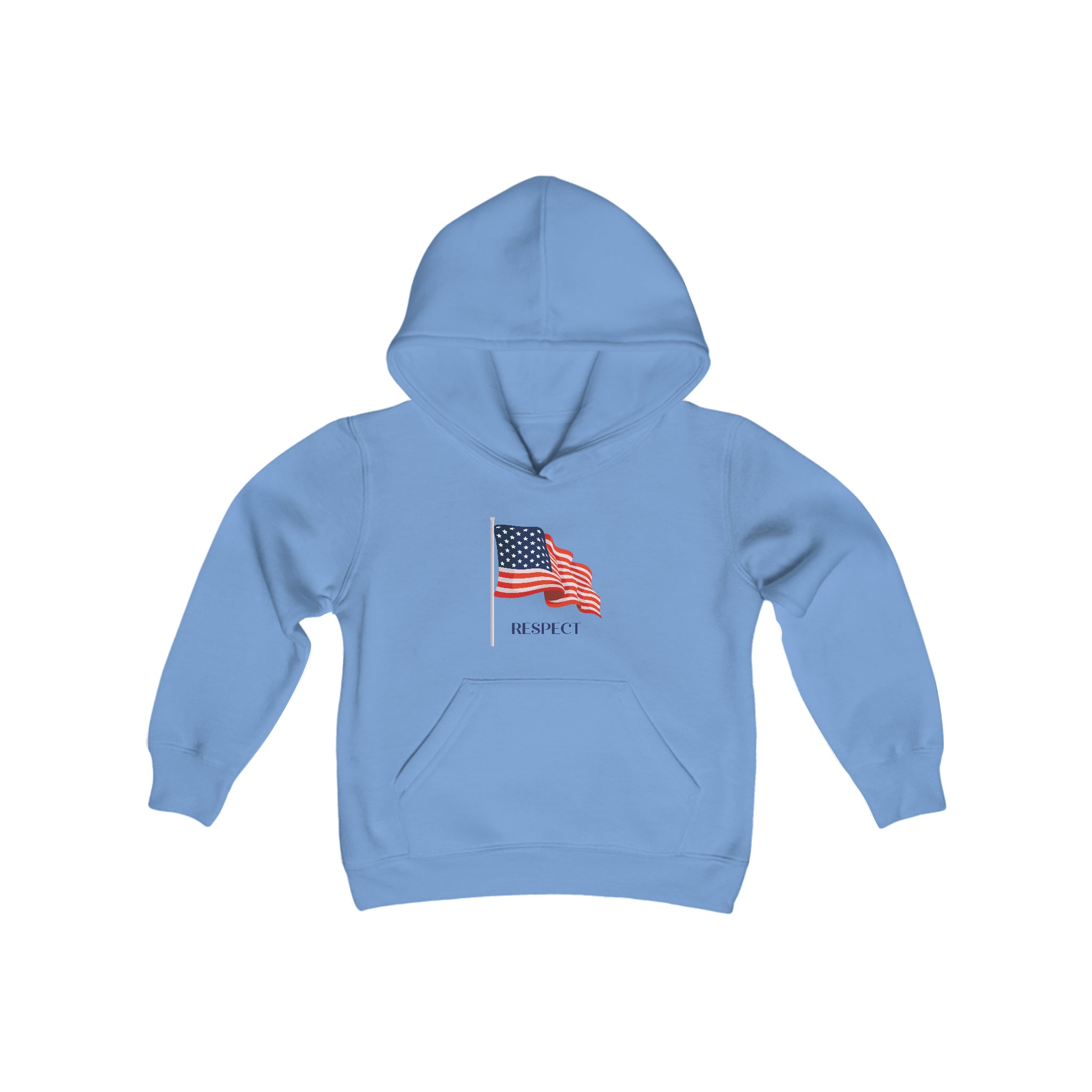 Youth unisex carolina blue hoodie with "Respect" inspired American Flag on front.