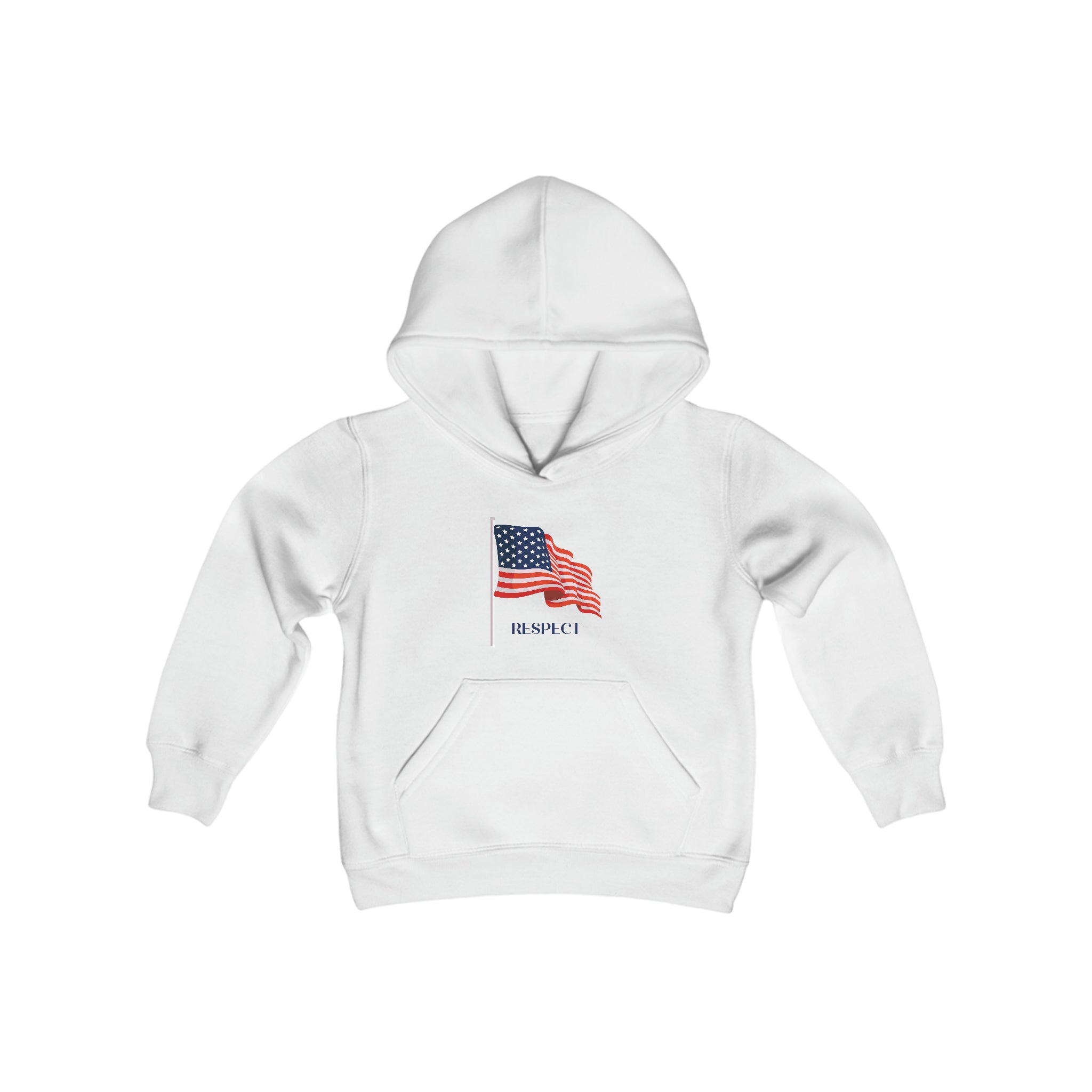 Youth unisex white hoodie with "Respect" inspired American Flag on front.