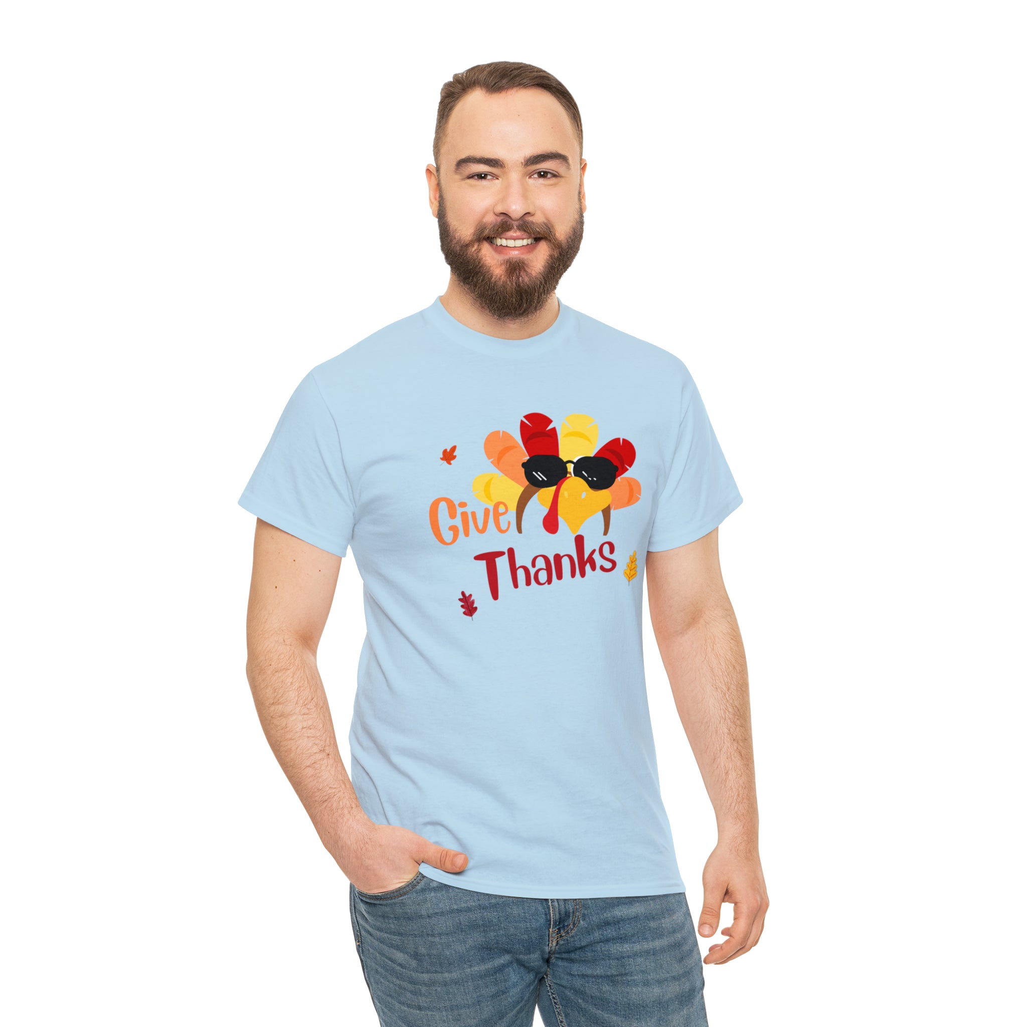 Adult men light blue T-Shirt " Give Thanks" with Turkey head on front.