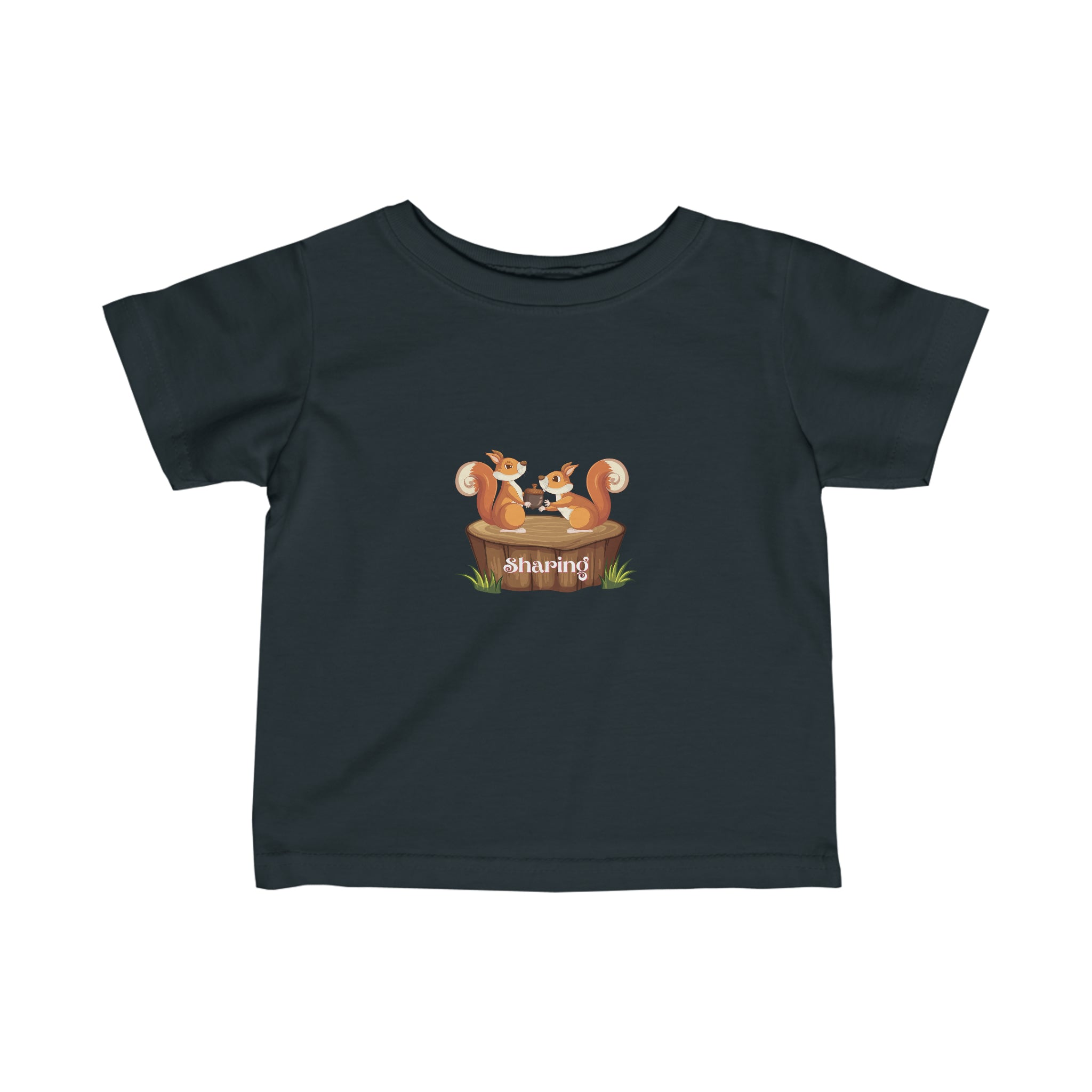 Infant unisex black T-Shirt with "Sharing" inspired two squirrels graphic on front.