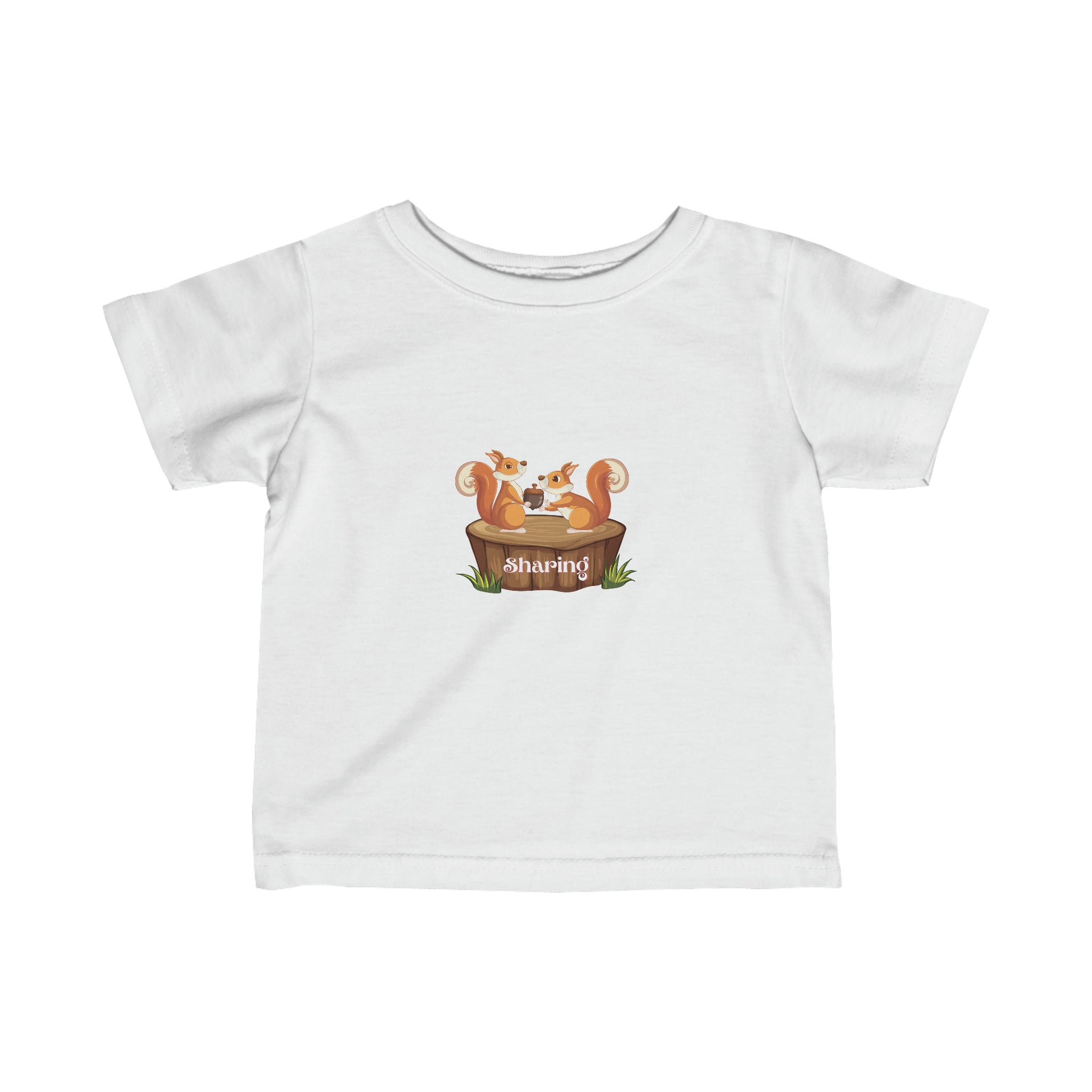 Infant unisex white T-Shirt with "Sharing" inspired two squirrels graphic on front.