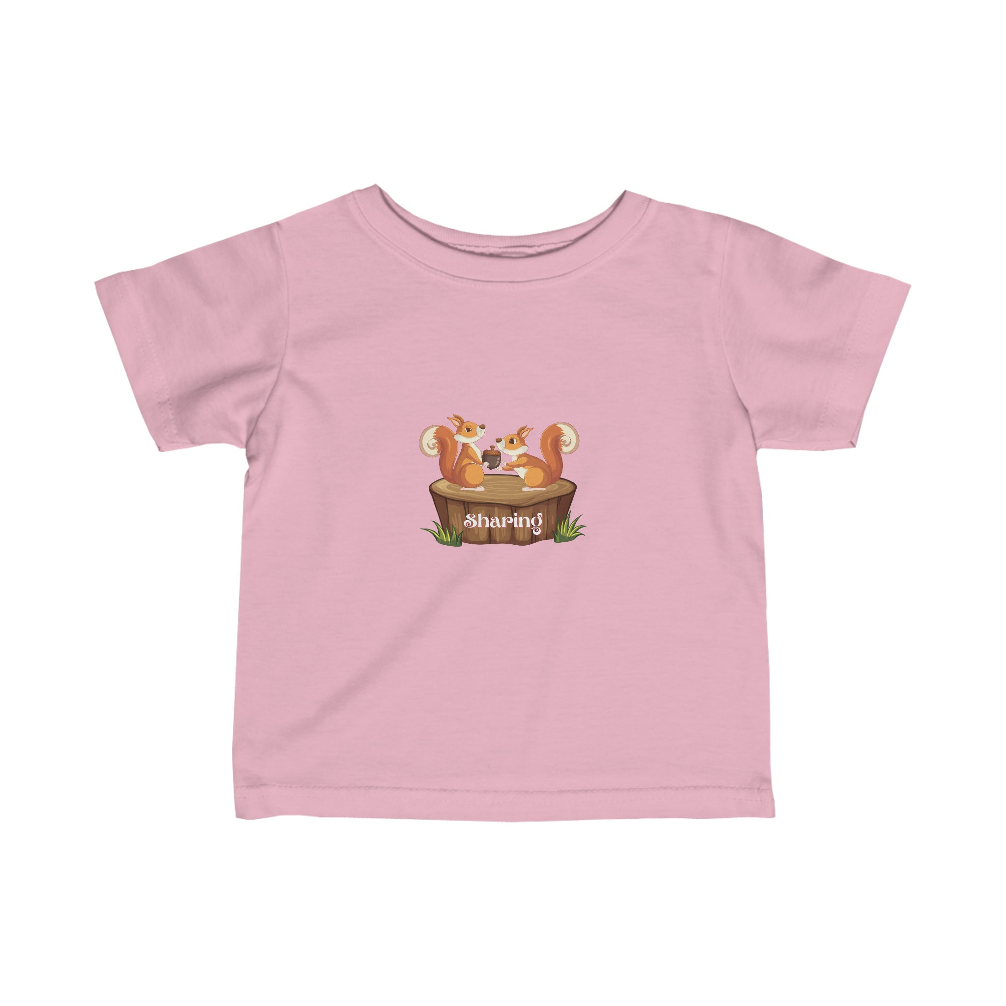 Infant unisex pink T-Shirt with "Sharing" inspired two squirrels graphic on front.