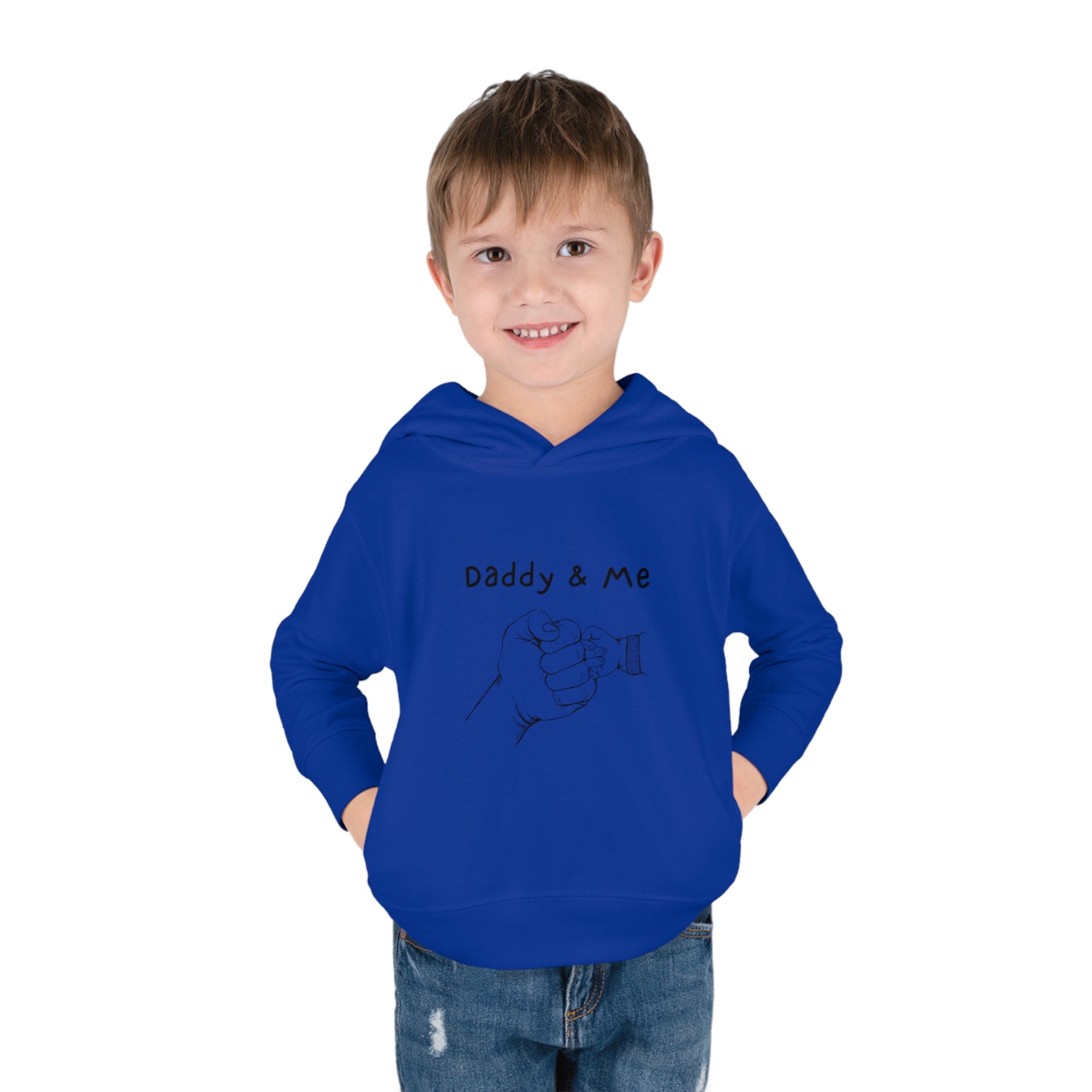 Toddler boy vintage royal hoodie " Daddy & Me" with fist bumps hands on front.