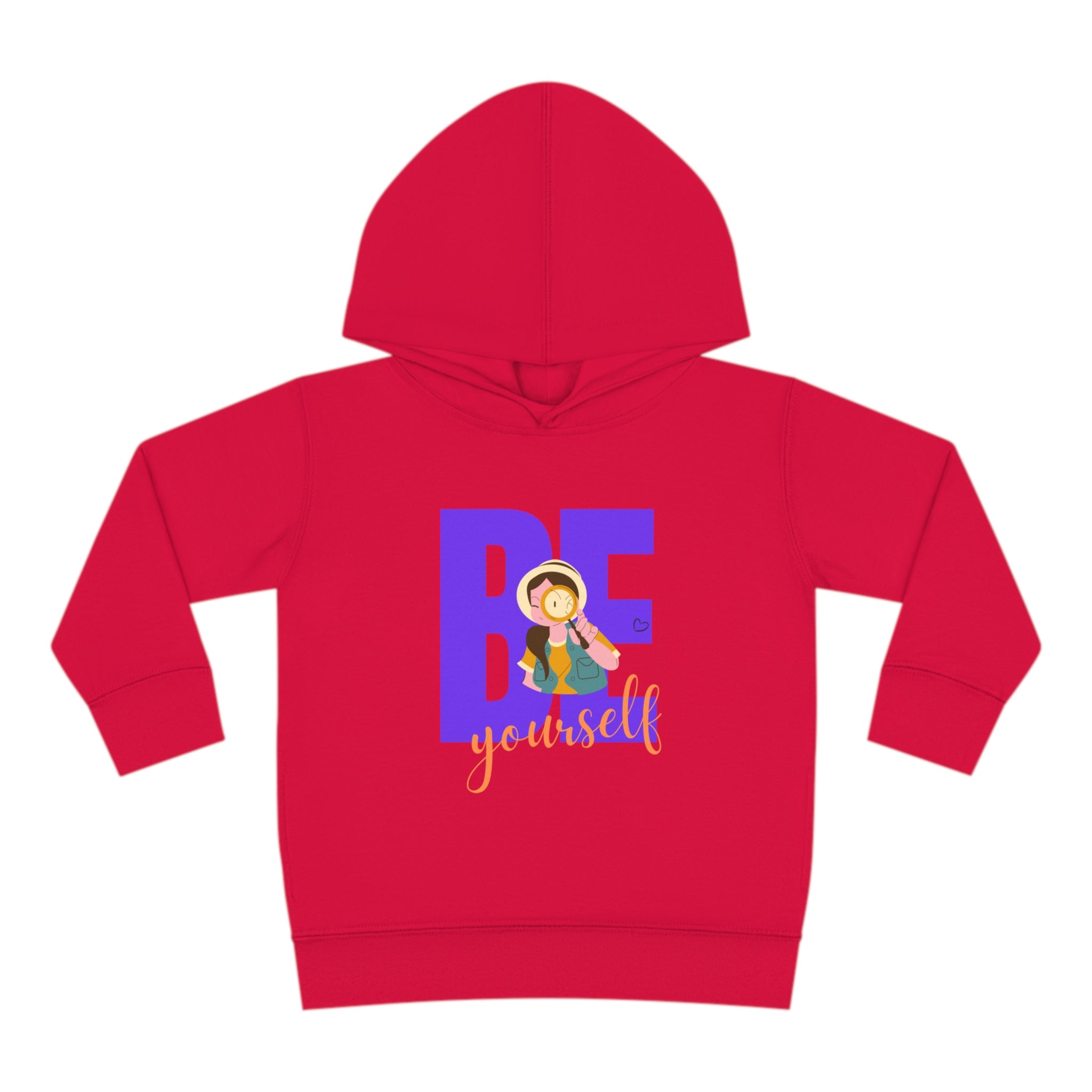 Toddler girls red  hoodie with "Be Yourself" motivational image on front.