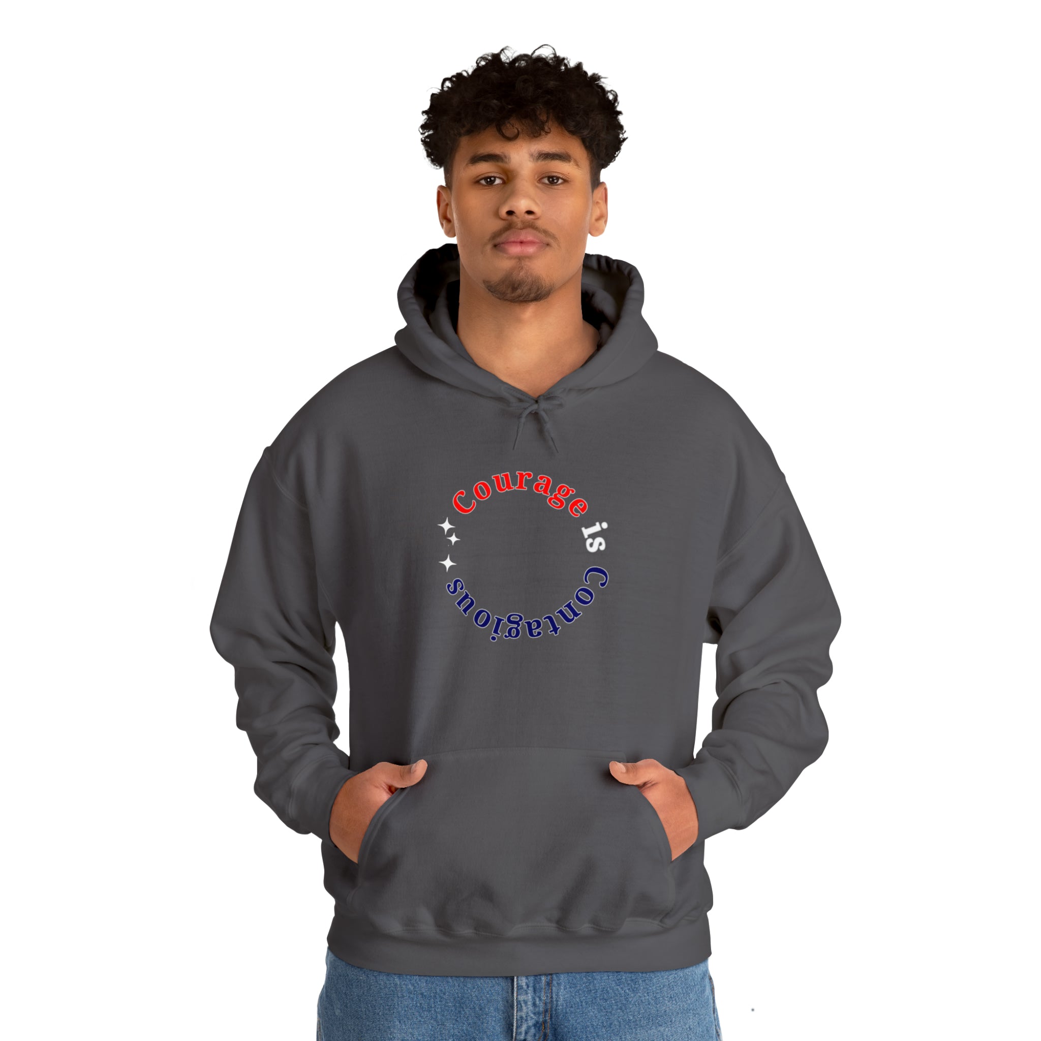 Adult man wearing charcoal hoodie " Courage is Contagious" inspired message on front.
