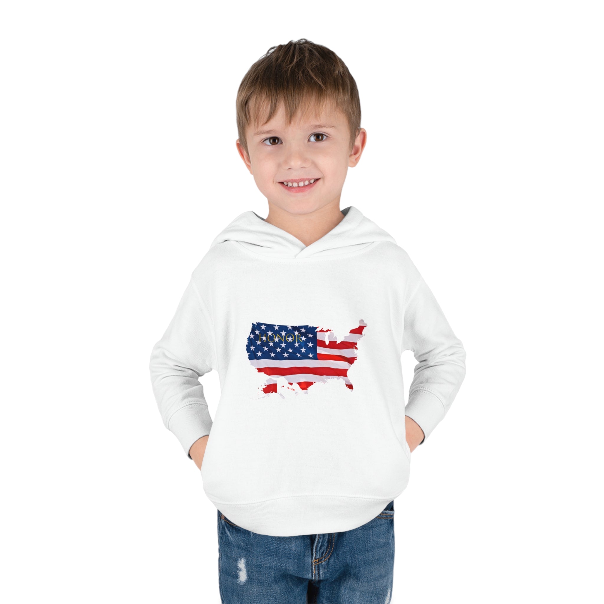 Toddler Boy wearing white Hoodie with "Honor USA" inspired American as a Flag graphic on front.