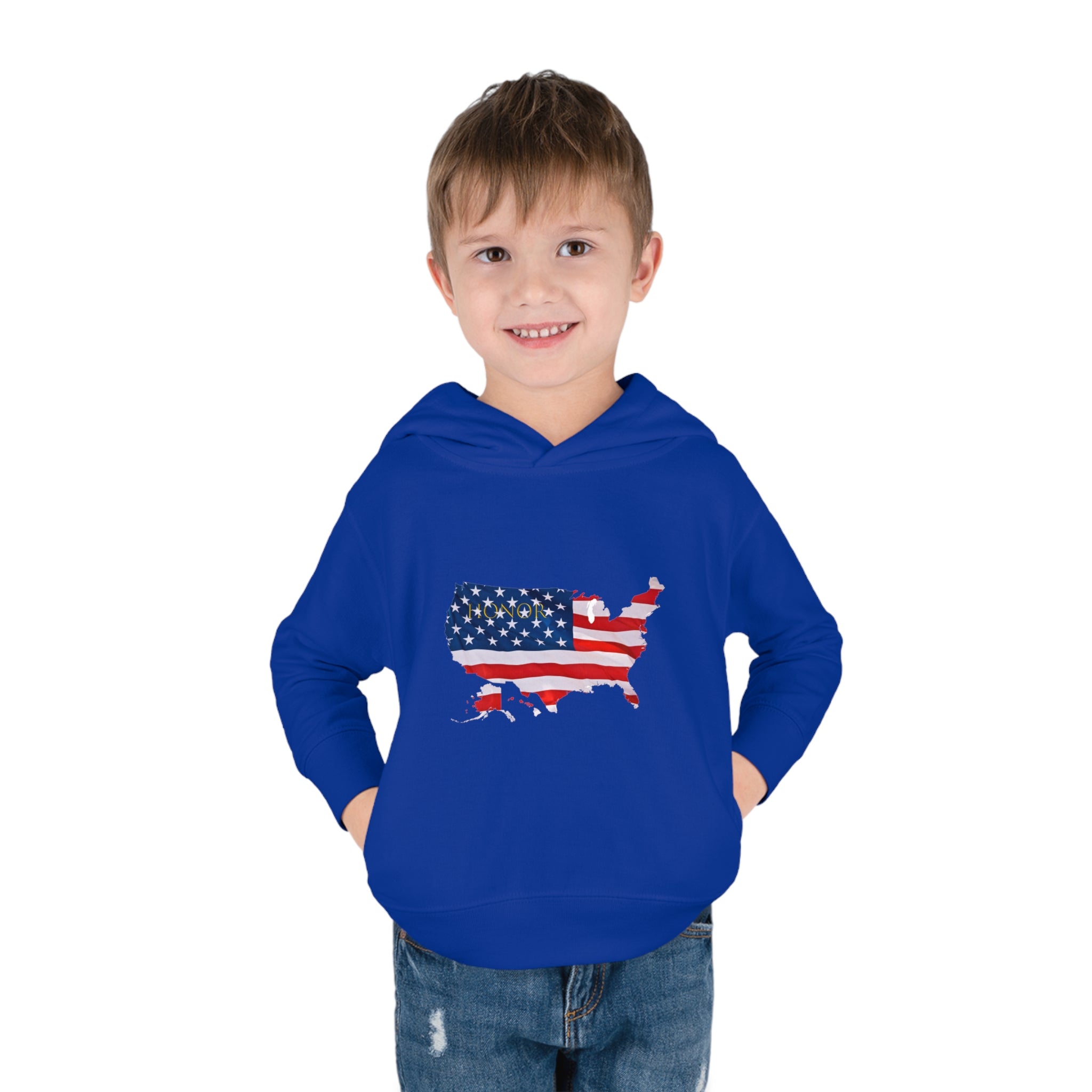 Toddler Boy wearing royal Hoodie with "Honor USA" inspired American as a Flag graphic on front.
