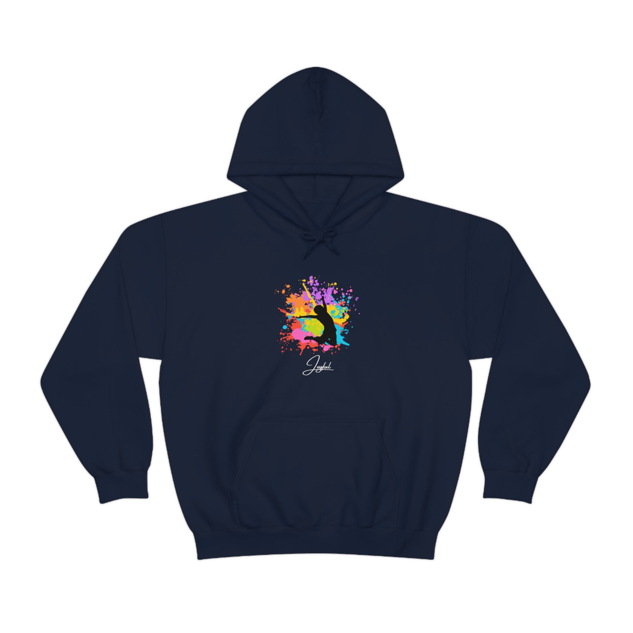 Navy sweatshirt with "Joyful" graphic on front.