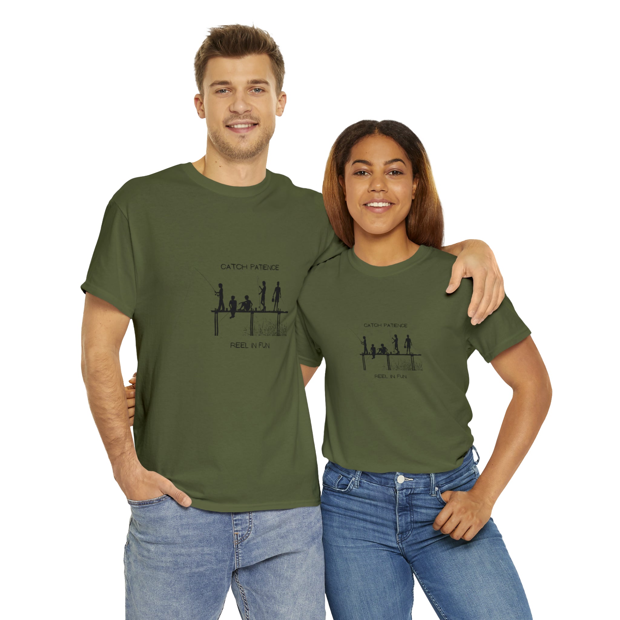 Adult female & male wearing army green  T-shirt with "Catch Patience Reel in Fun" inspired graphic of people fishing.