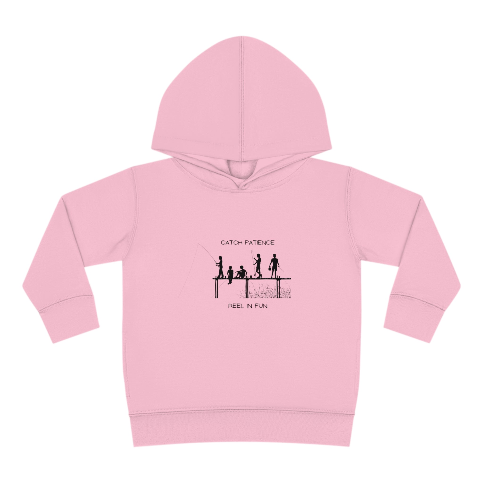Toddler unisex wearing light pink hoodie with "Catch Patience Reel in Fun" inspired graphic of people fishing.