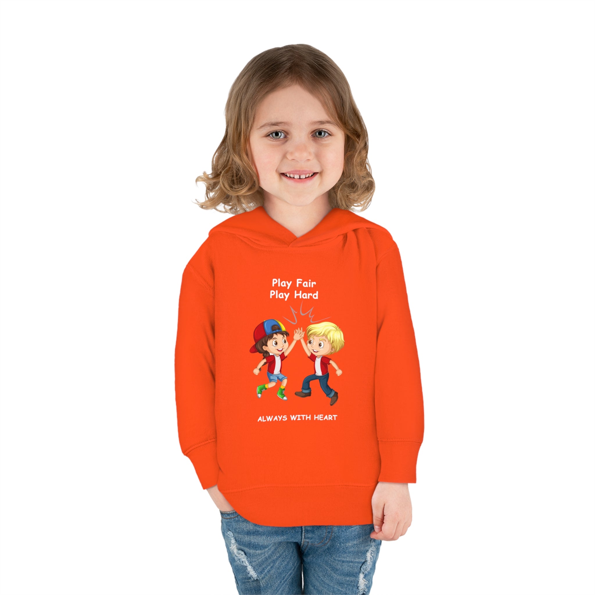 Girl Toddler wearing unisex orange hoodie with " Play Fair Play Hard Always with Heart" inspired graphic