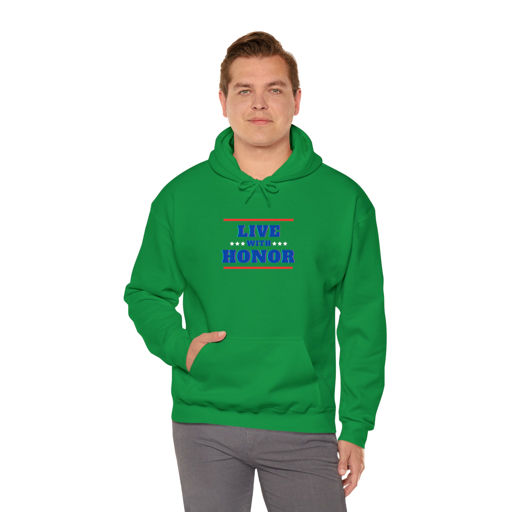 Adult male wearing irish green  hoodie " Live With Honor" inspired images