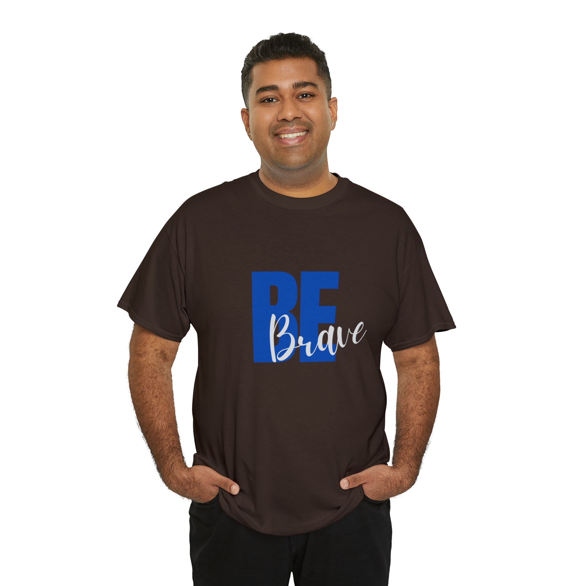 Adult Man dark chocolate T-Shirt with "Be Brave" motivational image on front.