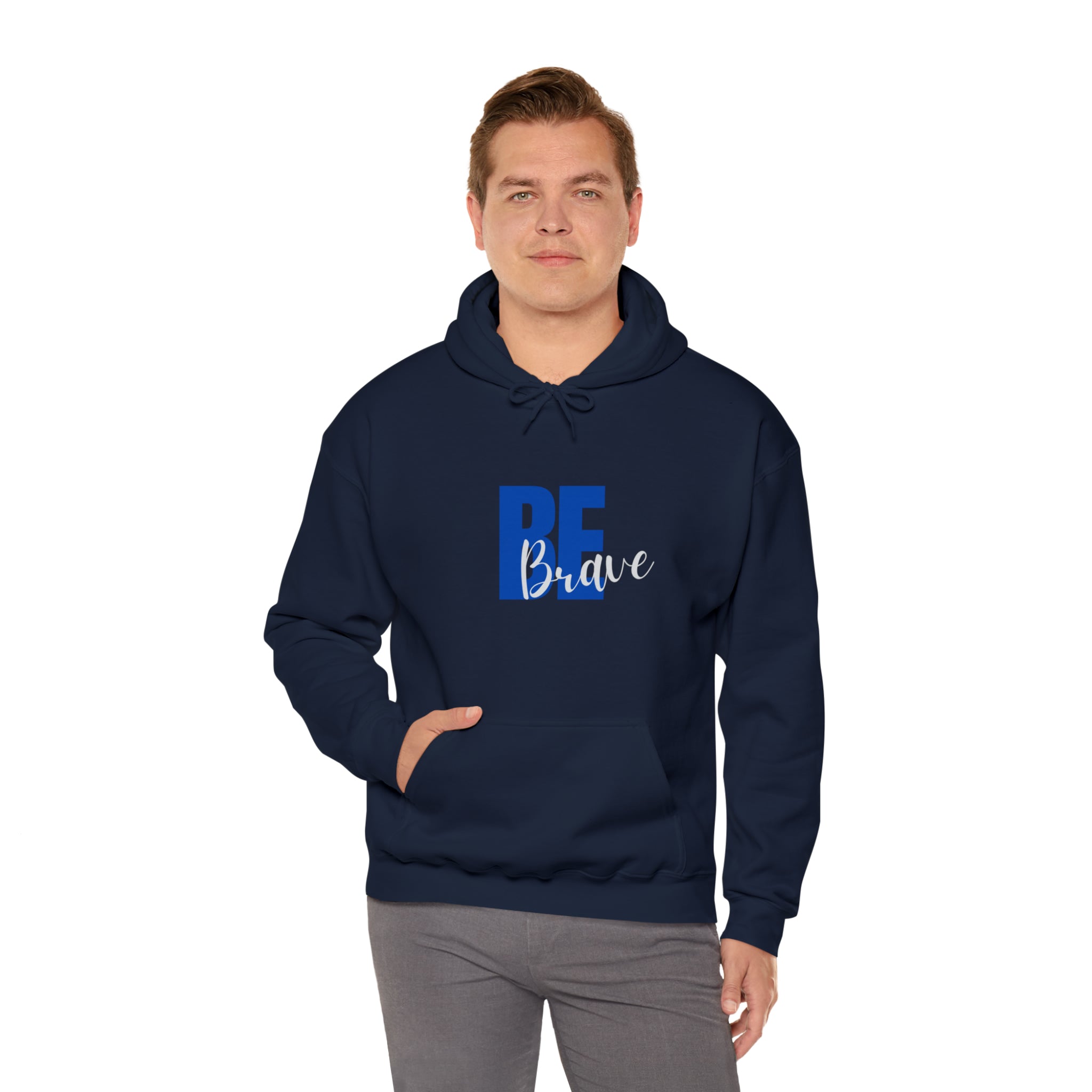 Adult man wearing navy hoodie with "Be Brave" motivational image on front.