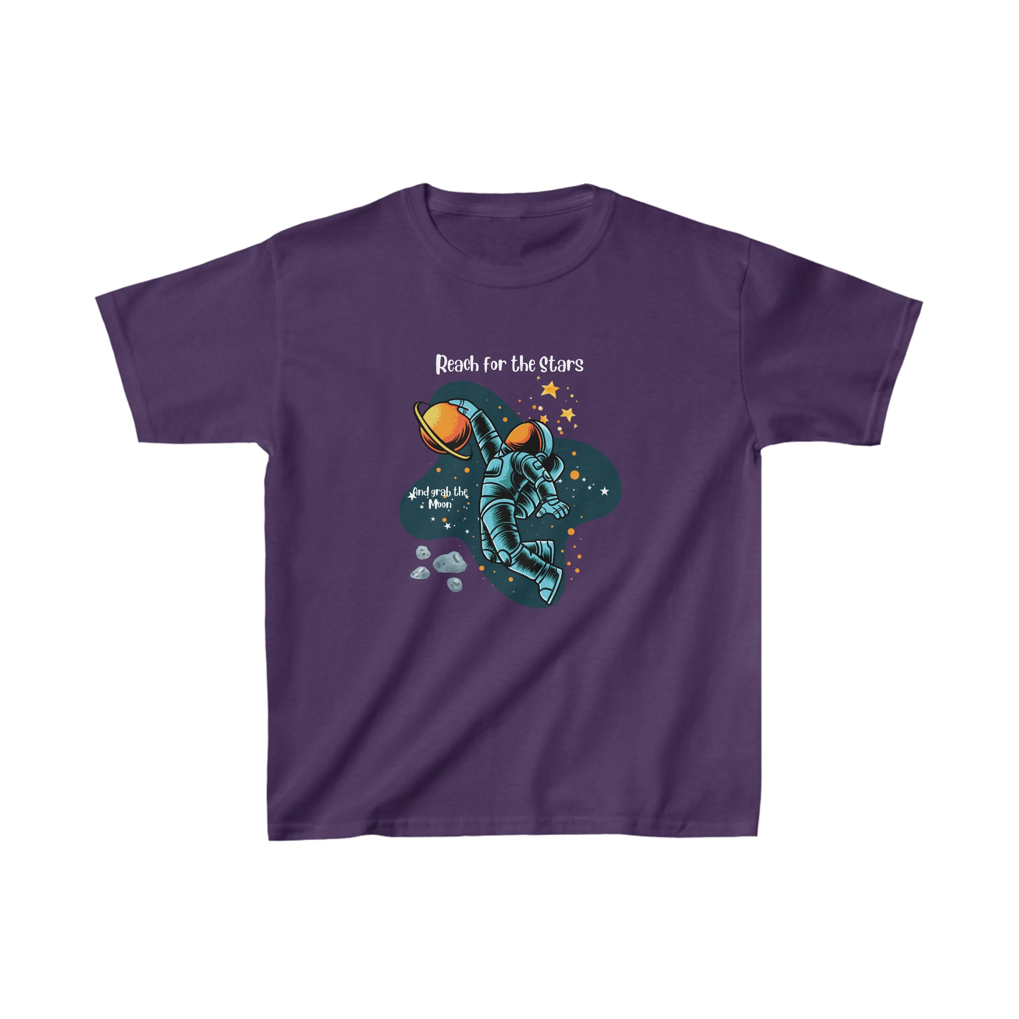 Youth unisex purple T-Shirt with "Reach for the stars but grab the moon" motivational image on front.