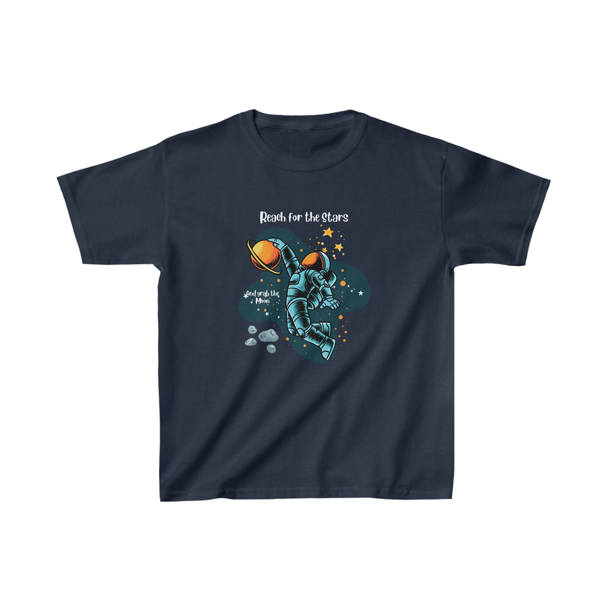 Youth unisex navy T-Shirt with "Reach for the stars but grab the moon" motivational image on front.