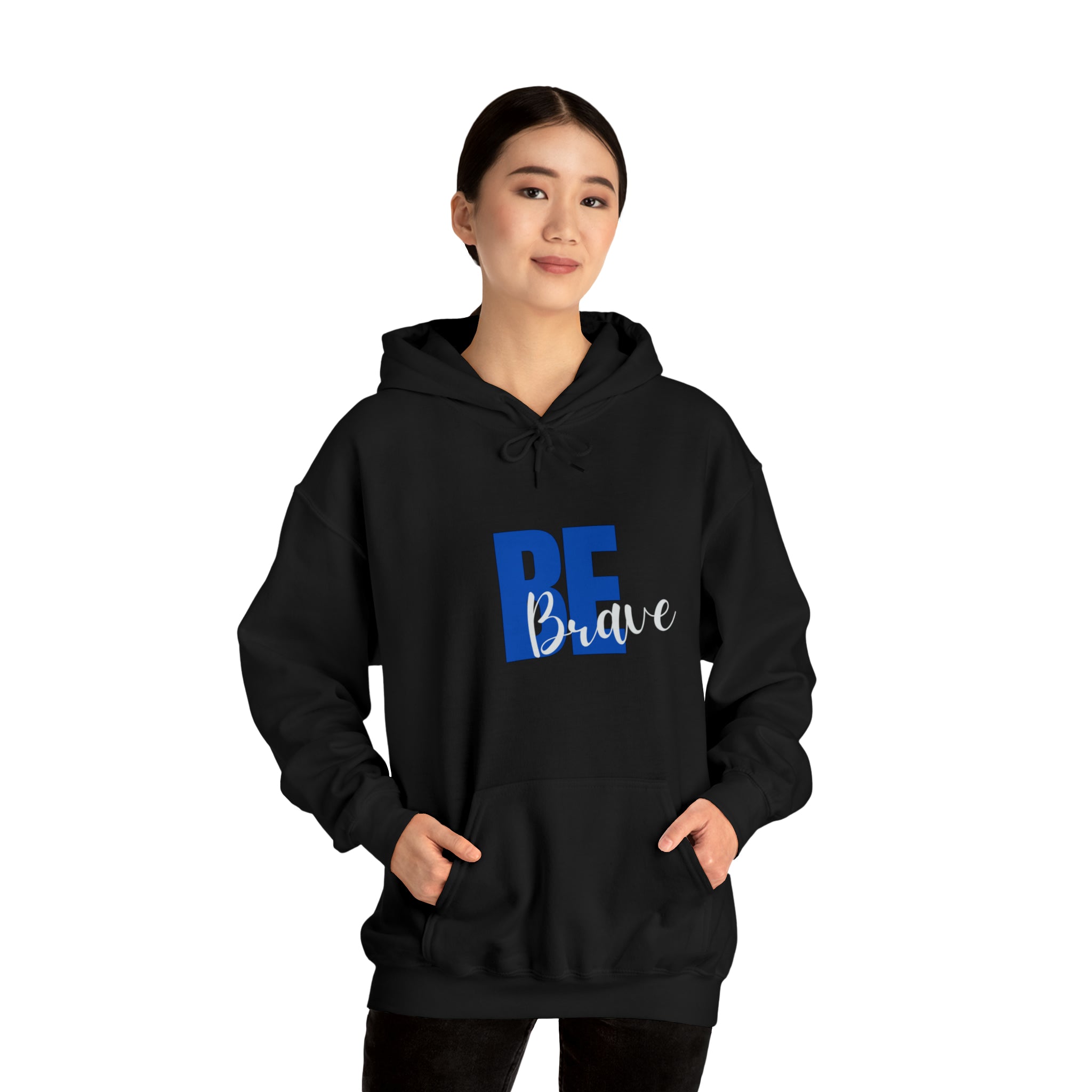 Adult Women wearing black  hoodie with "Be Brave" motivational image on front.