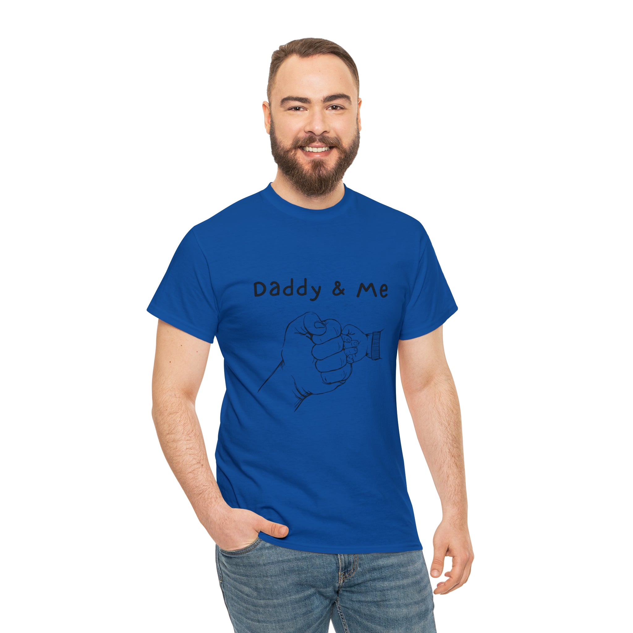 Adult man wearing royal  T-Shirt " Daddy & Me" with fist bumps hands on front.