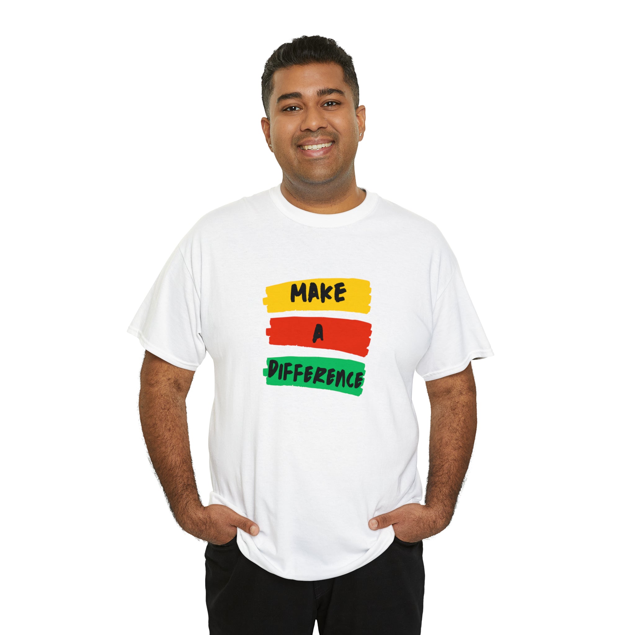 Adult male unisex white T-Shirt with " Make A Difference" inspired images.