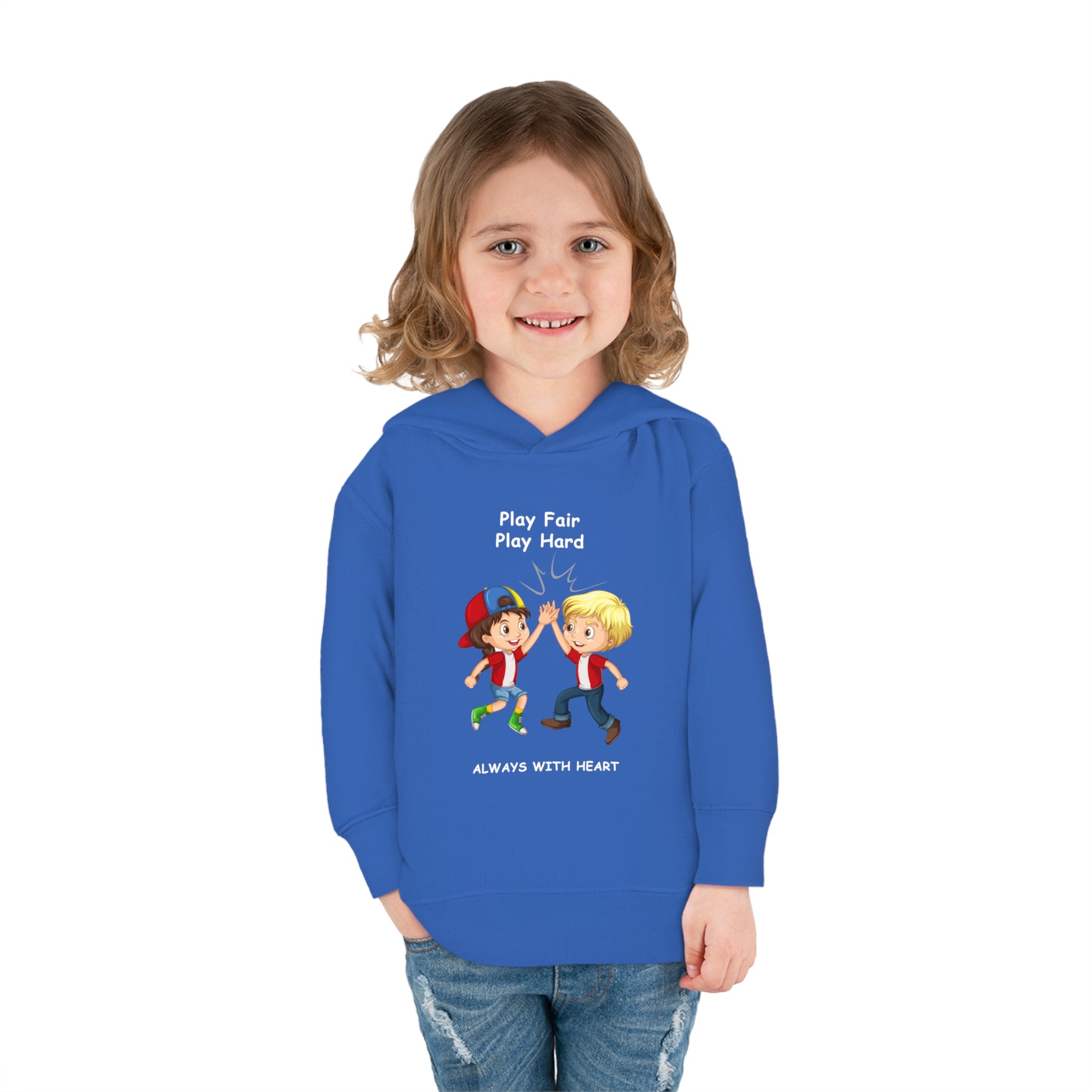 Girl  Toddler wearing unisex Royal hoodie with " Play Fair Play Hard Always with Heart" inspired graphic