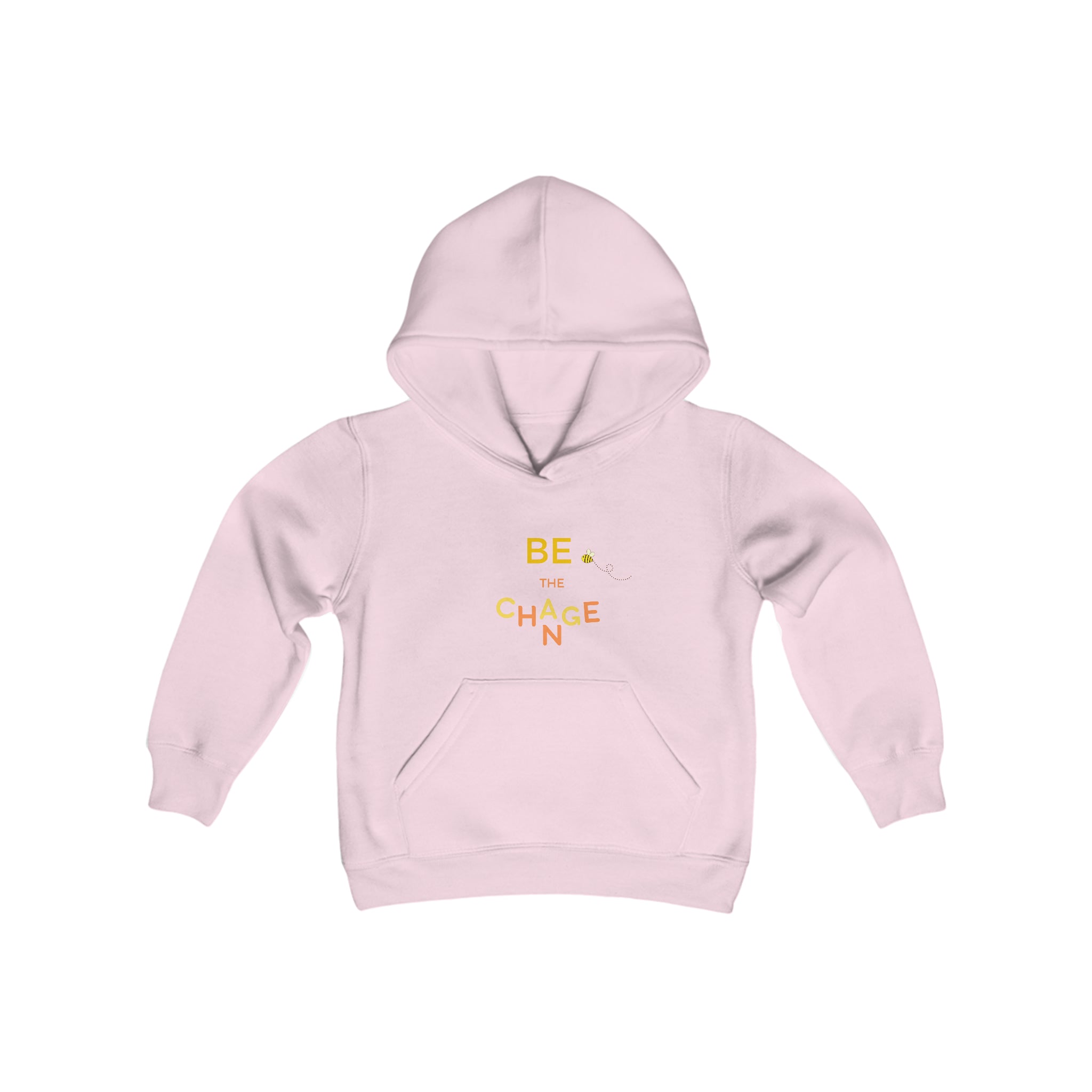 Youth unisex light pink hoodie with "Be The Change" motivational image on front.
