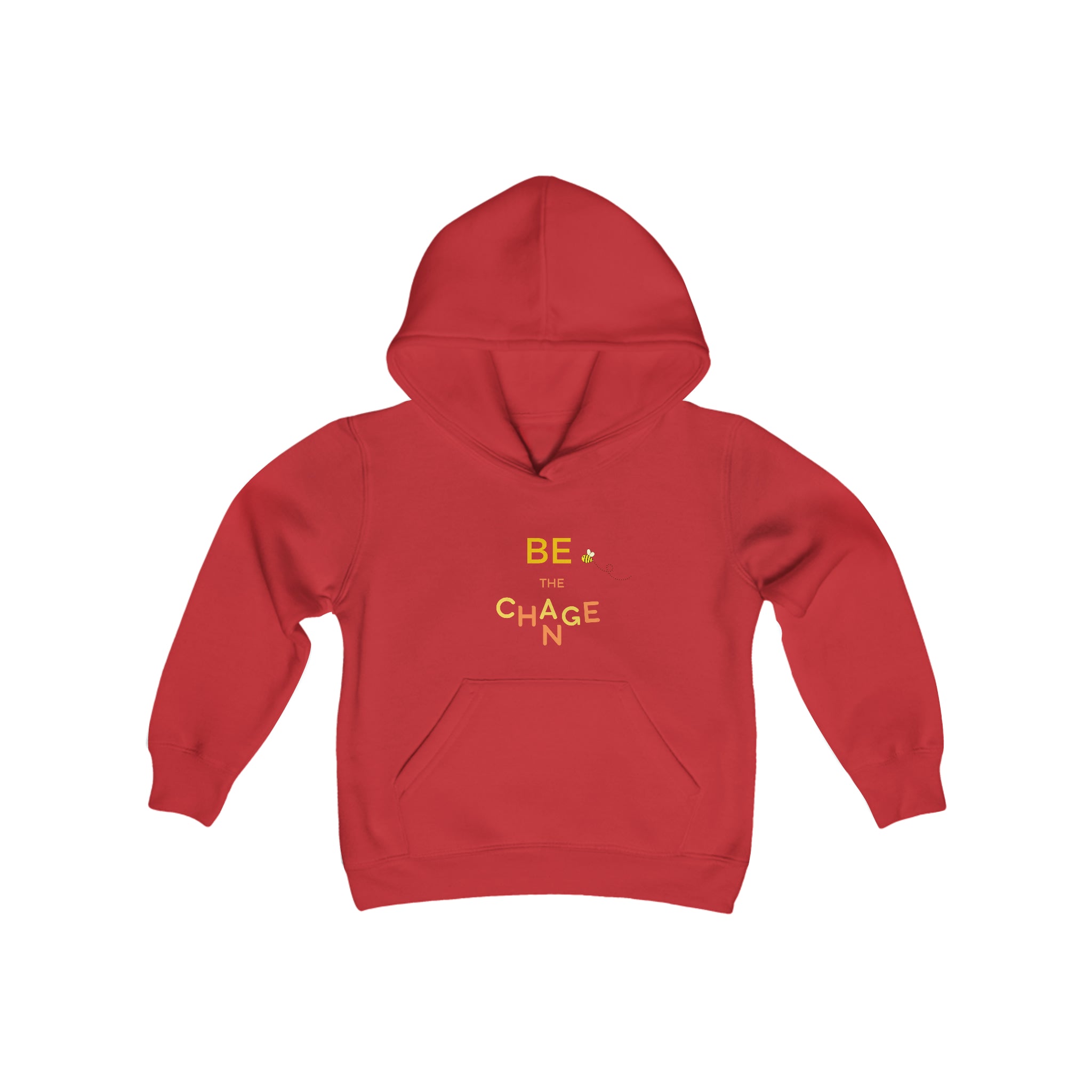 Youth unisex red hoodie with "Be The Change" motivational image on front.