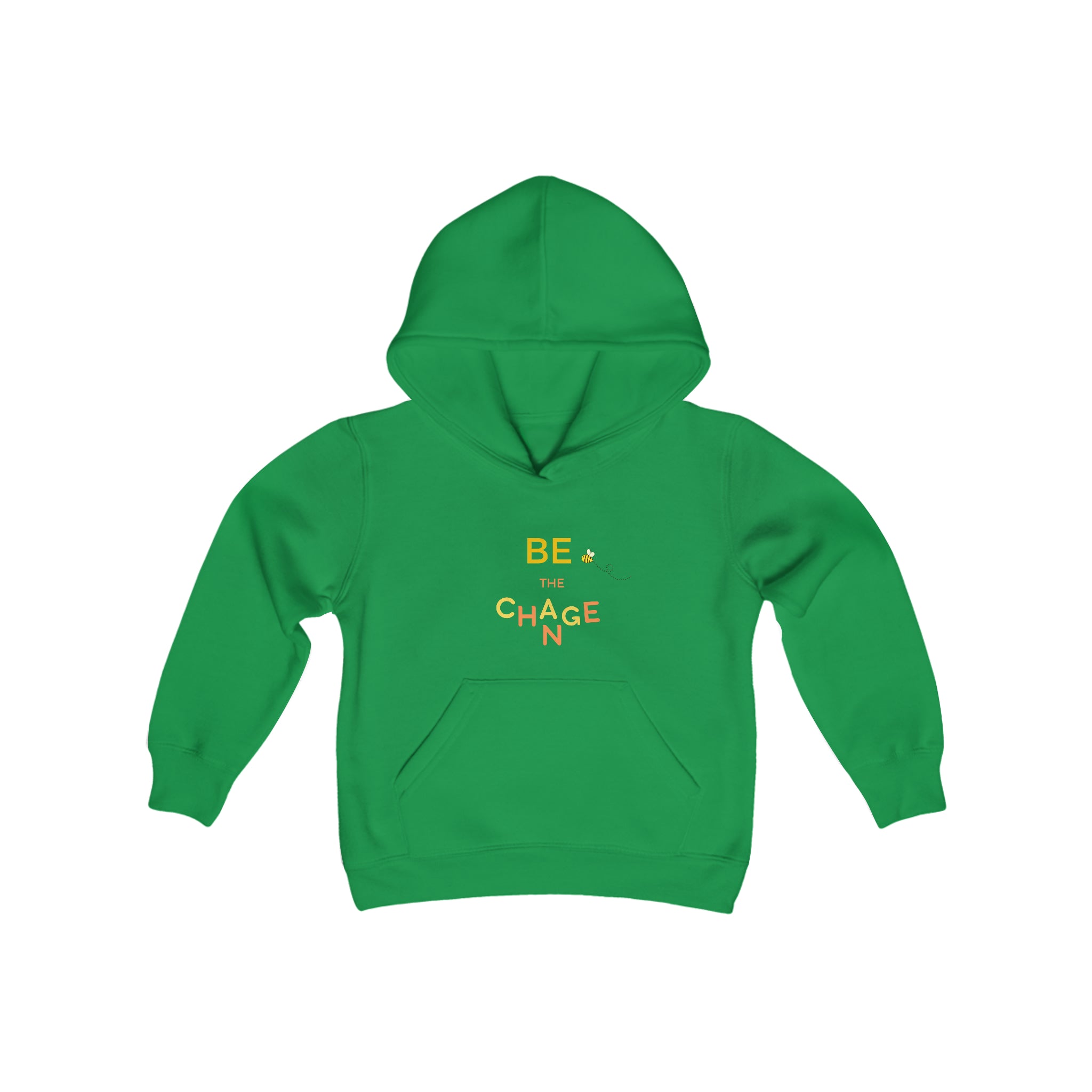 Youth unisex irish green hoodie with "Be The Change" motivational image on front.