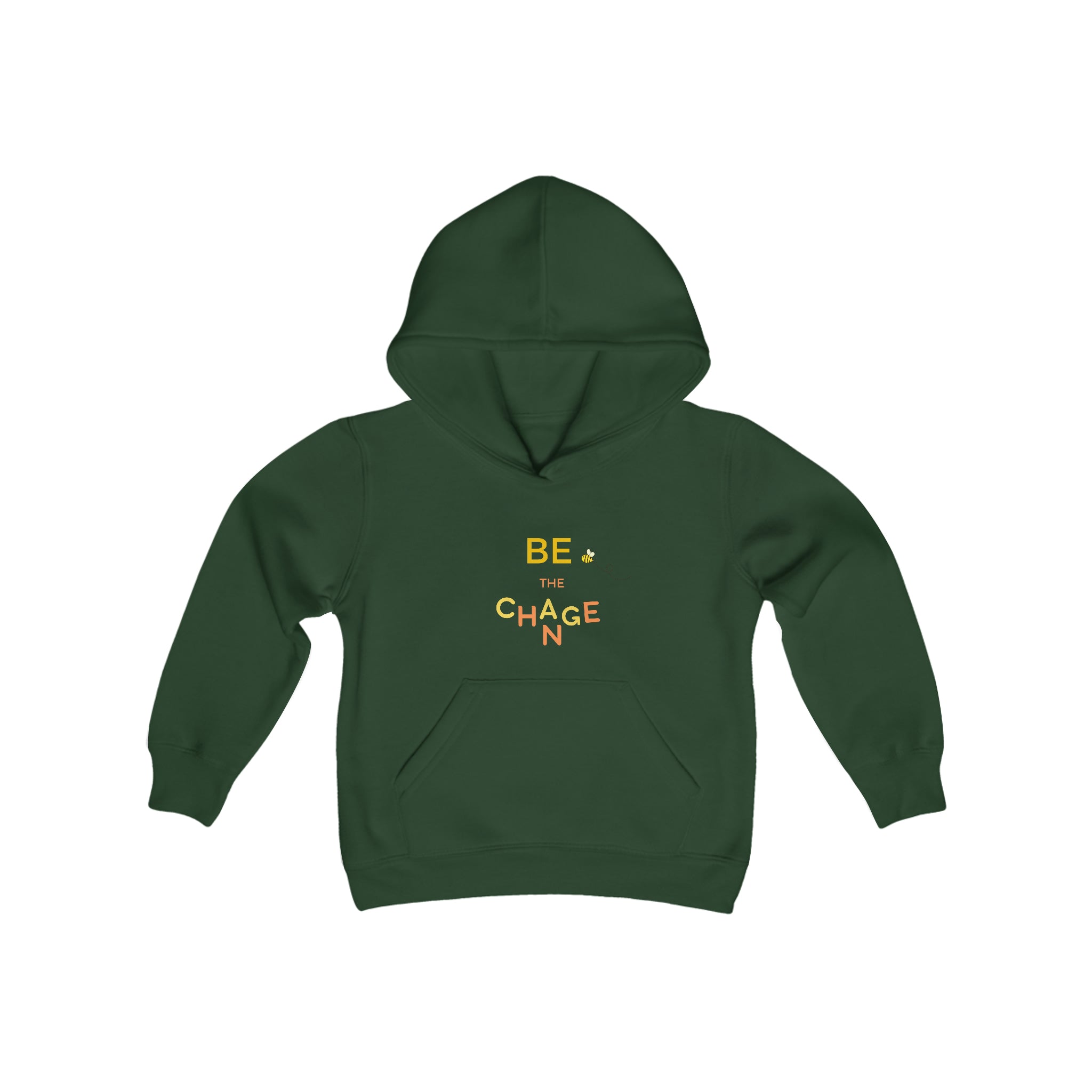Youth unisex forest green hoodie with "Be The Change" motivational image on front.