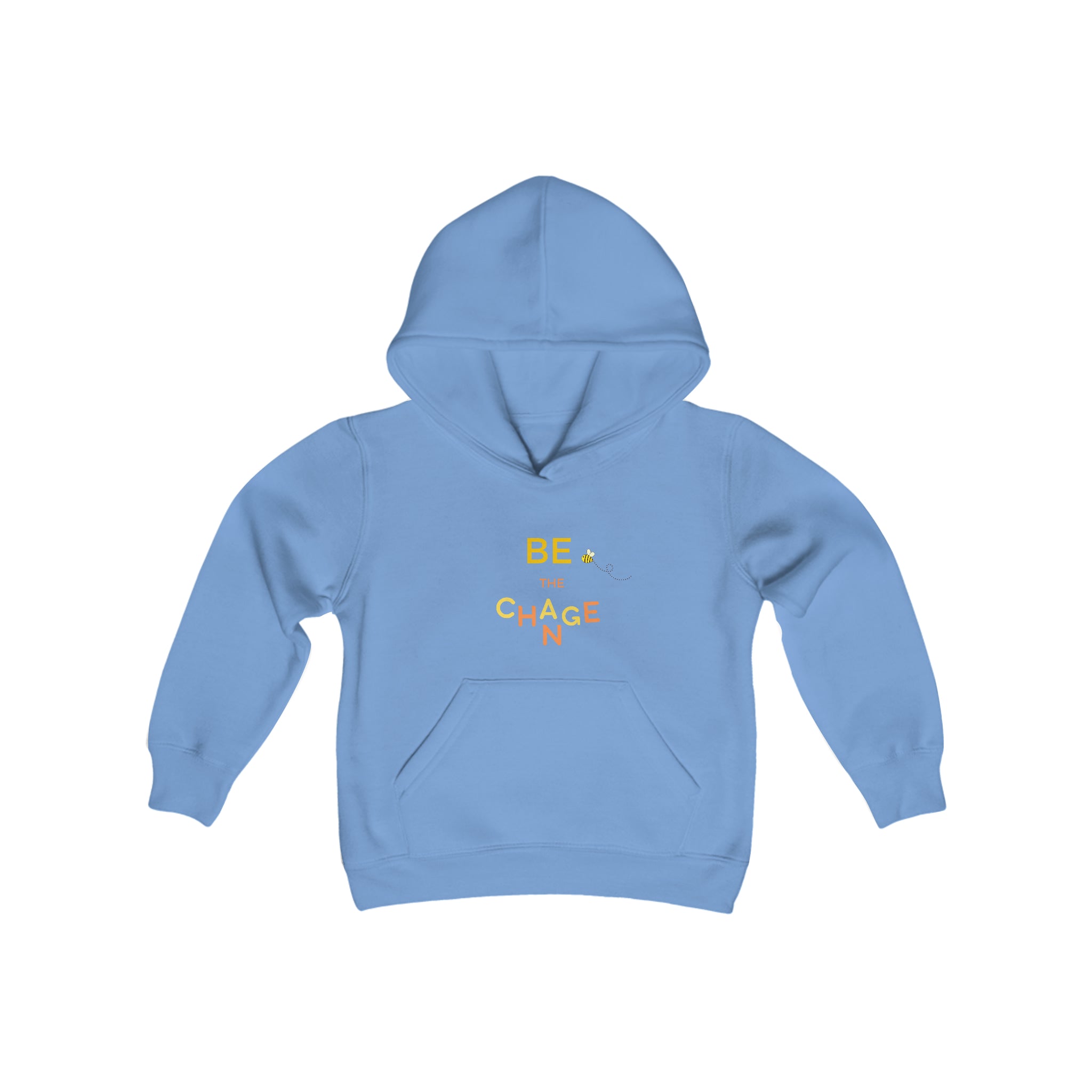 Youth unisex carolina blue hoodie with "Be The Change" motivational image on front.