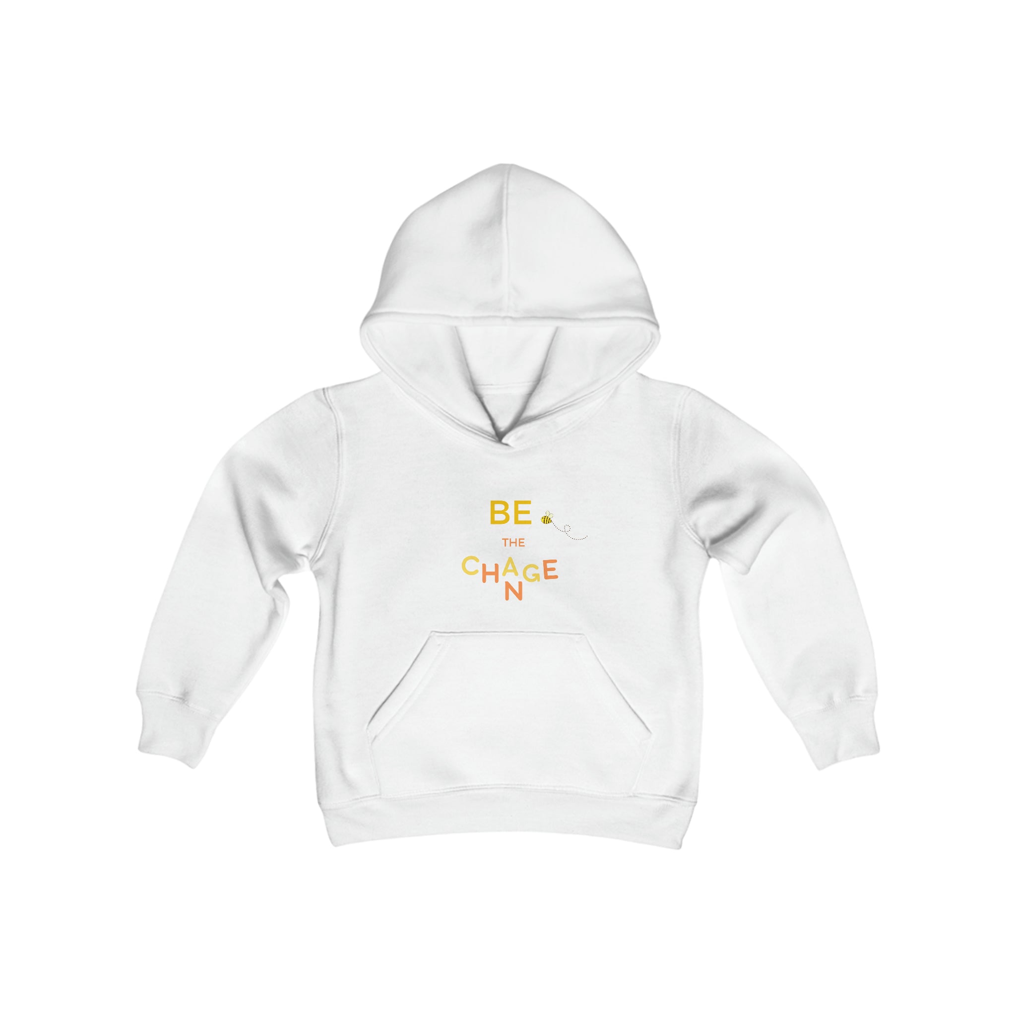 Youth unisex white hoodie with "Be The Change" motivational image on front.