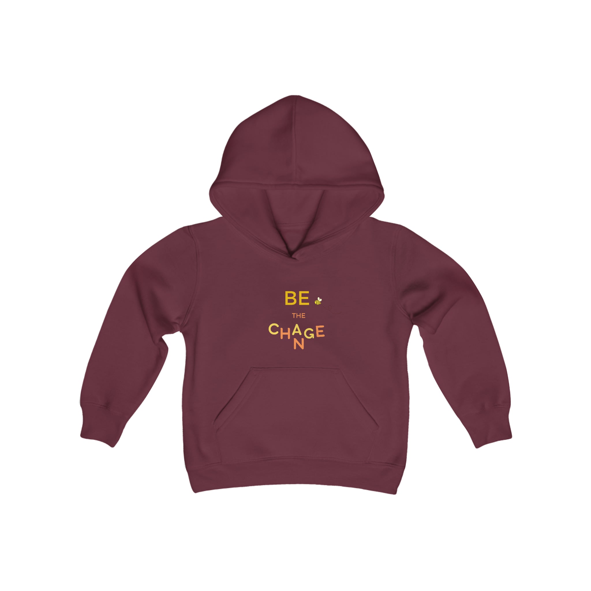 Youth unisex maroon hoodie with "Be The Change" motivational image on front.