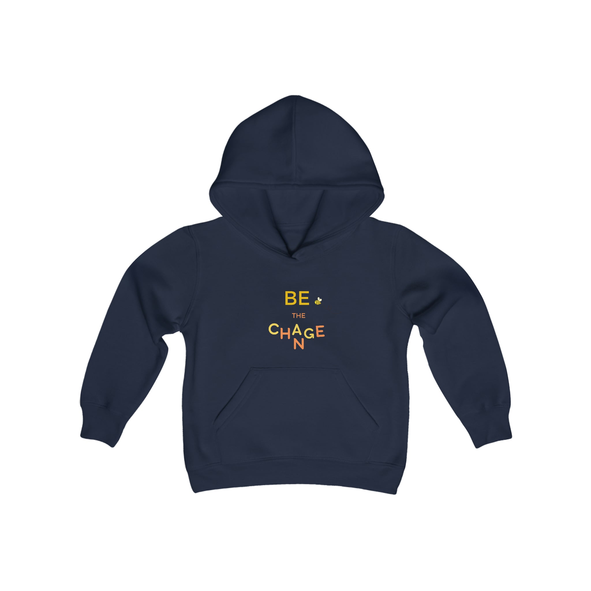 Youth unisex navy hoodie with "Be The Change" motivational image on front.