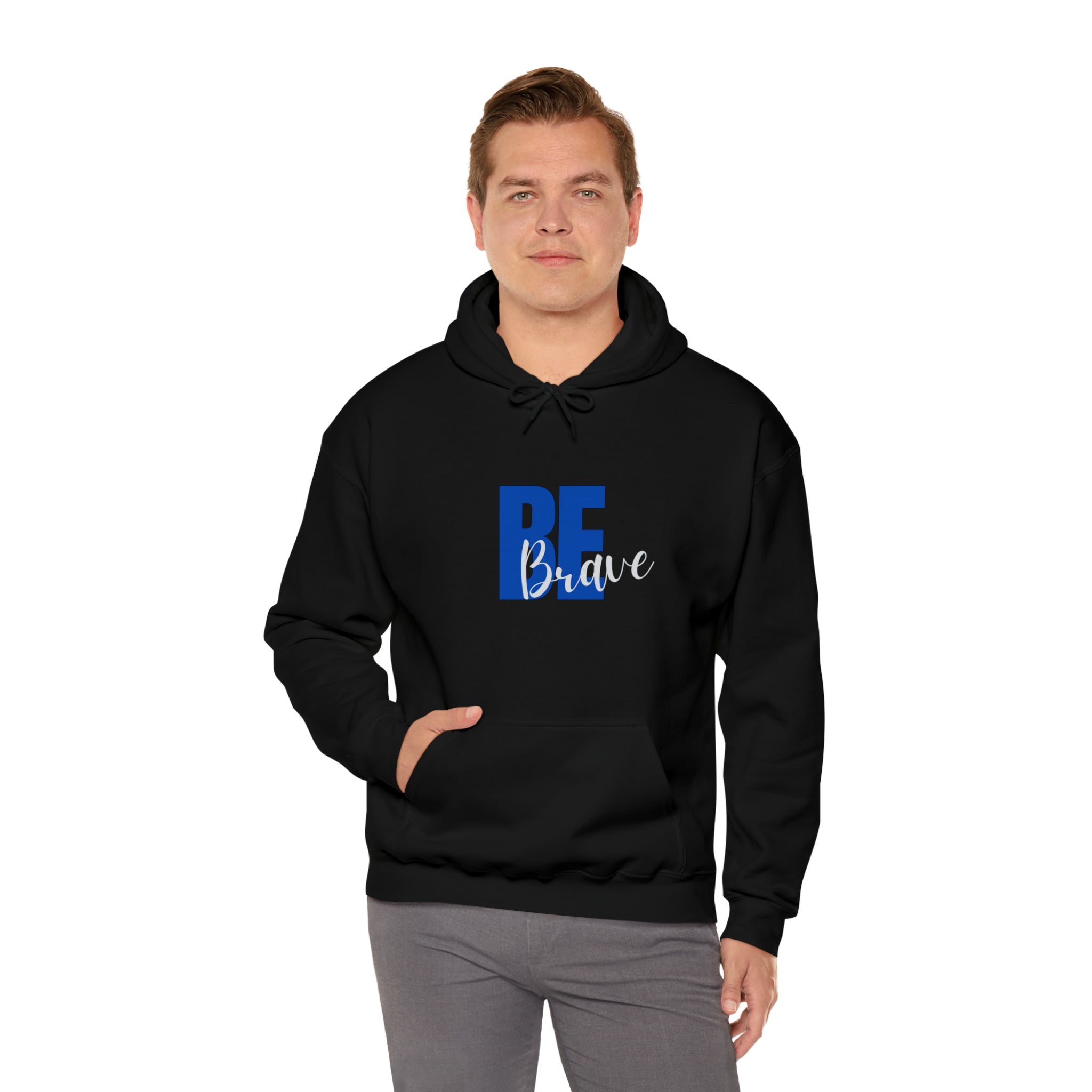 Adult man wearing black  hoodie with "Be Brave" motivational image on front.