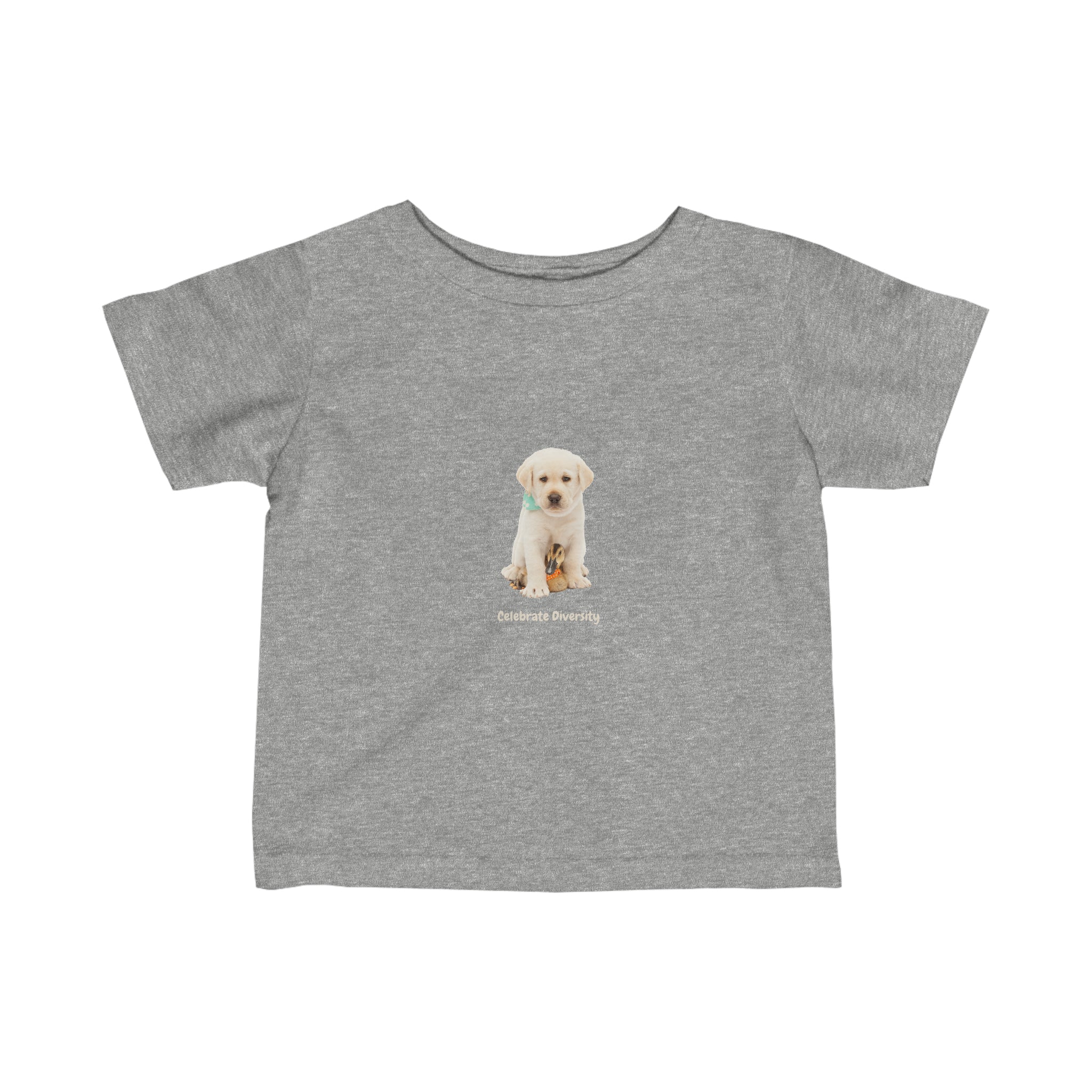 Infant unisex grey T-shirt with "Celebrate Diversity" inspired graphic with puppy and duck on front.