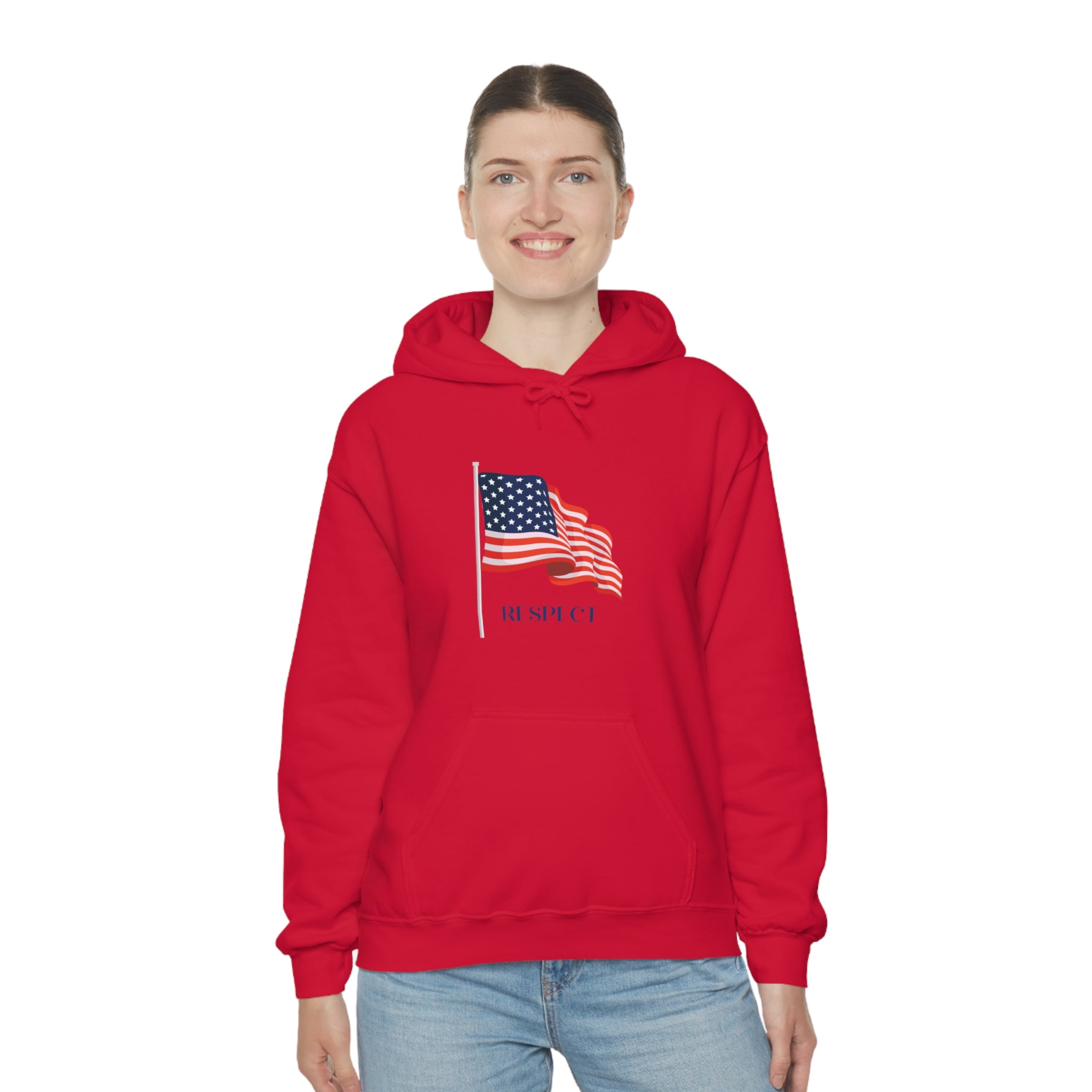 Adult female wearing red hoodie with "Respect" inspired American Flag on front.