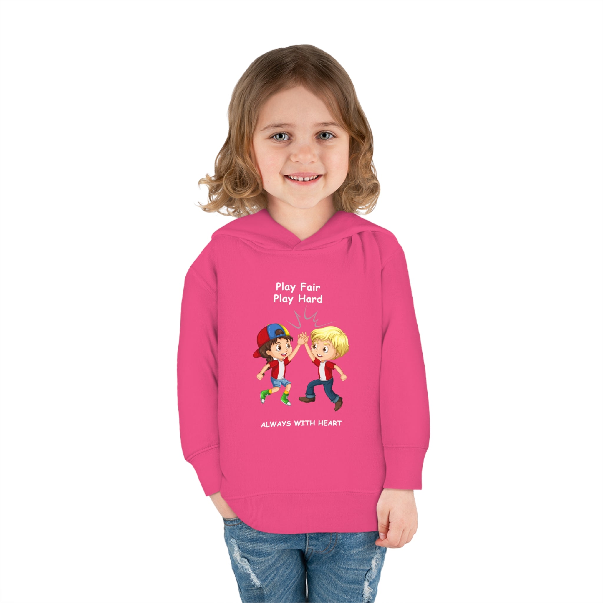 Girl Toddler wearing unisex helicion hoodie with " Play Fair Play Hard Always with Heart" inspired graphic