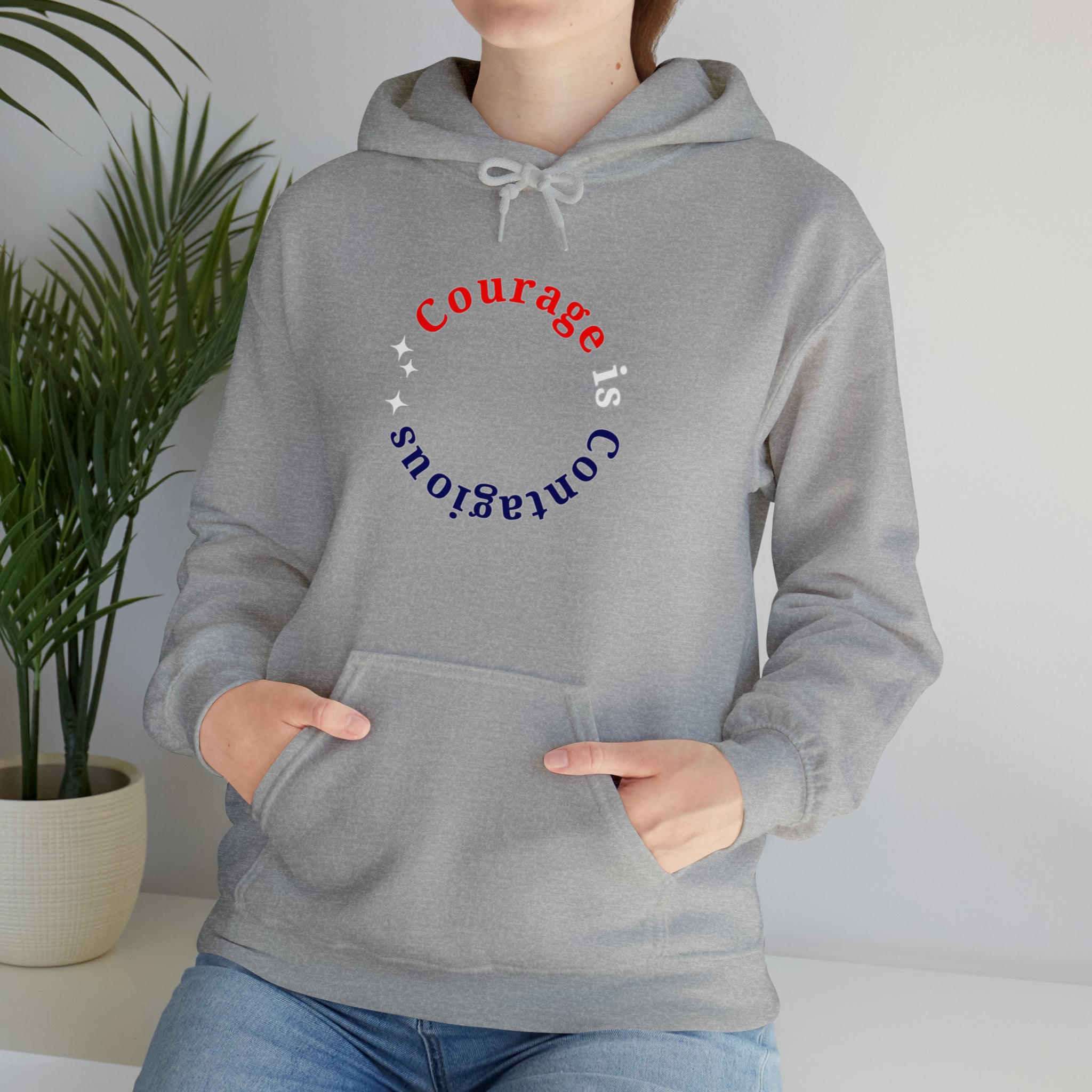 Adult unisex sports grey hoodie " Courage is Contagious" inspired message on front.